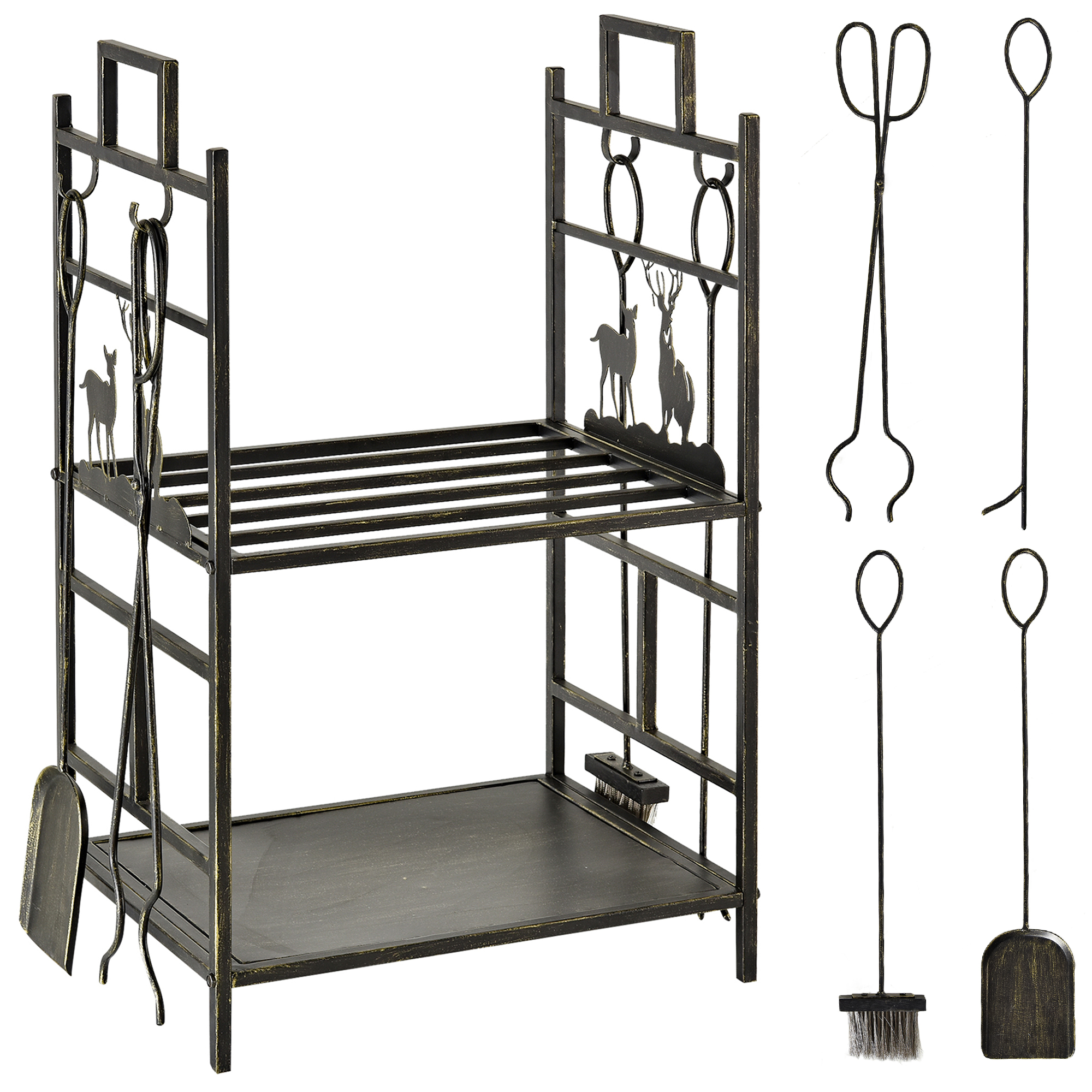 Outsunny Porte-bûches étagère à bois de cheminée serviteur de cheminée cerf multi-accessoires 2 étagères 51,5L x 33l x 77H cm métal noir or vieilli Outsunny Porte-bûches étagère à bois de cheminée serviteur de cheminée cerf multi-accessoires 2 étagères 51,5L x 33l x 77H cm métal noir or vieilli