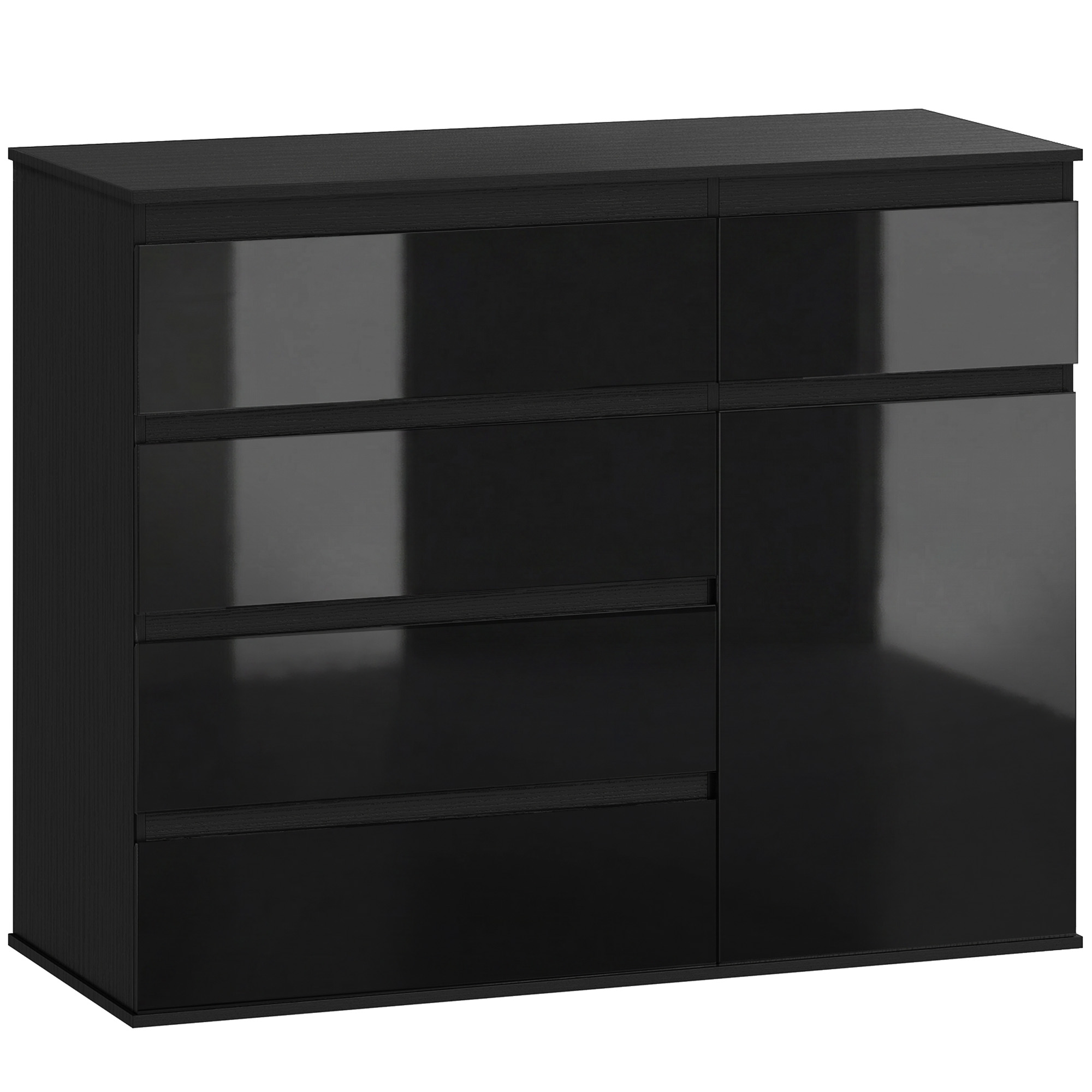 Modernes Sideboard, Stauraum-Sideboard mit 5 Schubladen, verstellbarem Regal, Soft-Close-Tür, Schwarz Hochglanz