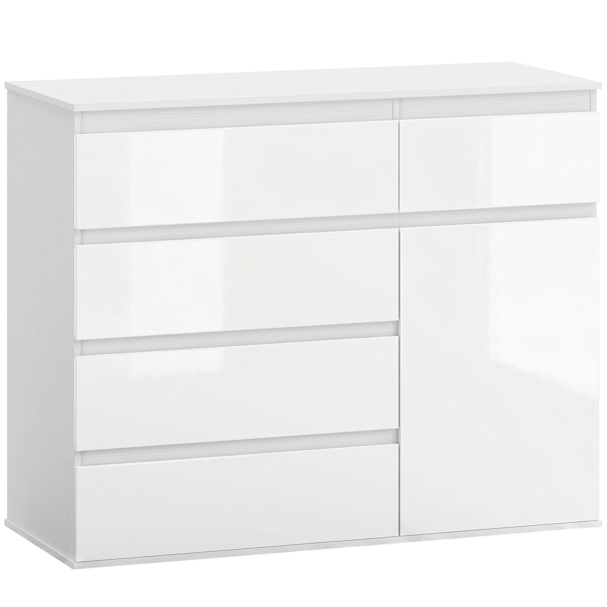 Modernes Sideboard, Stauraum-Sideboard mit 5 Schubladen, verstellbarem Regal, Soft-Close-Tür, Weiß Hochglanz