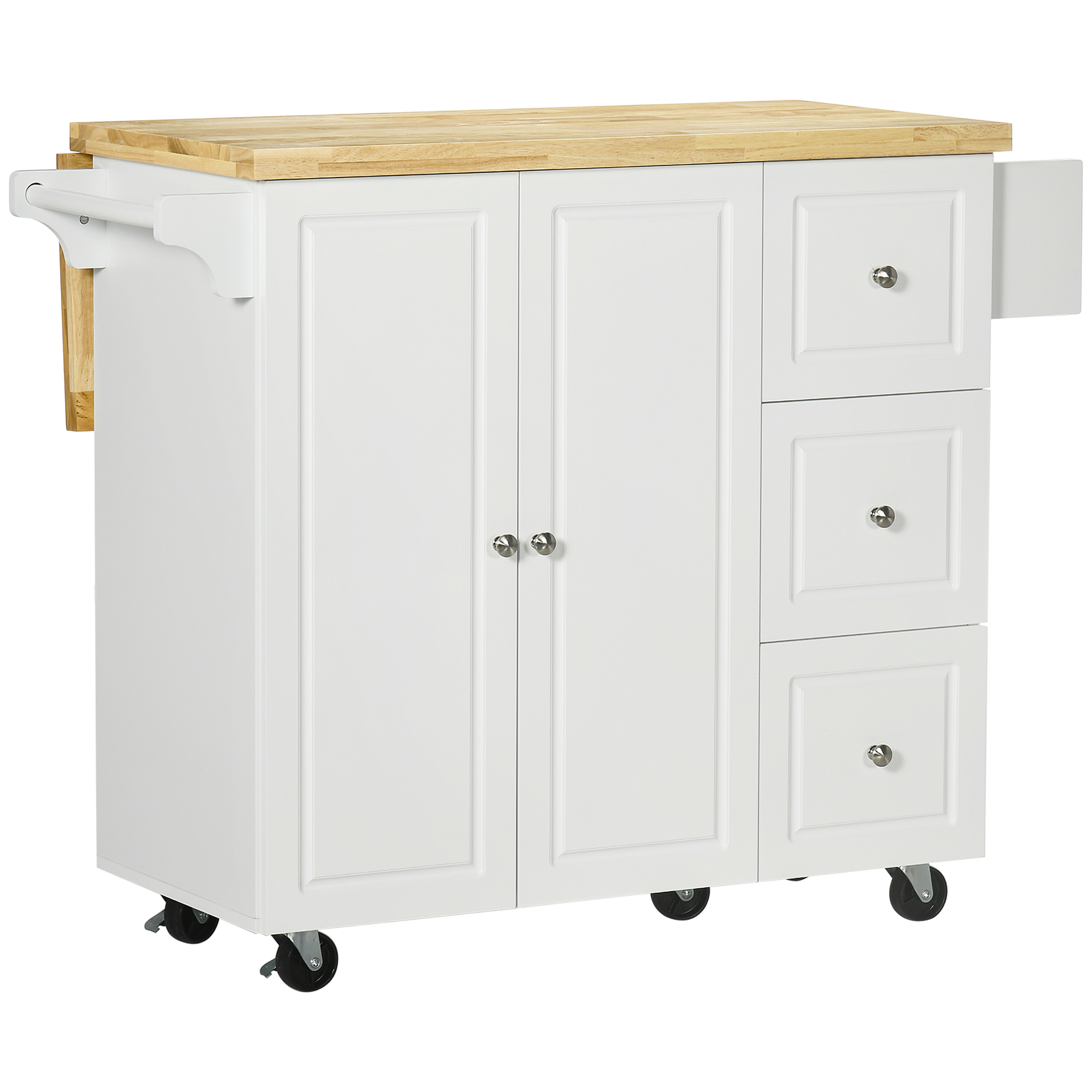 HOMCOM Kücheninsel mobiler Küchenwagen mit Arbeitsplatte Rollen Schublade verstellbares Regal Gummiholz Weiß Natur 1115x450-750x890cm   Aosom.de