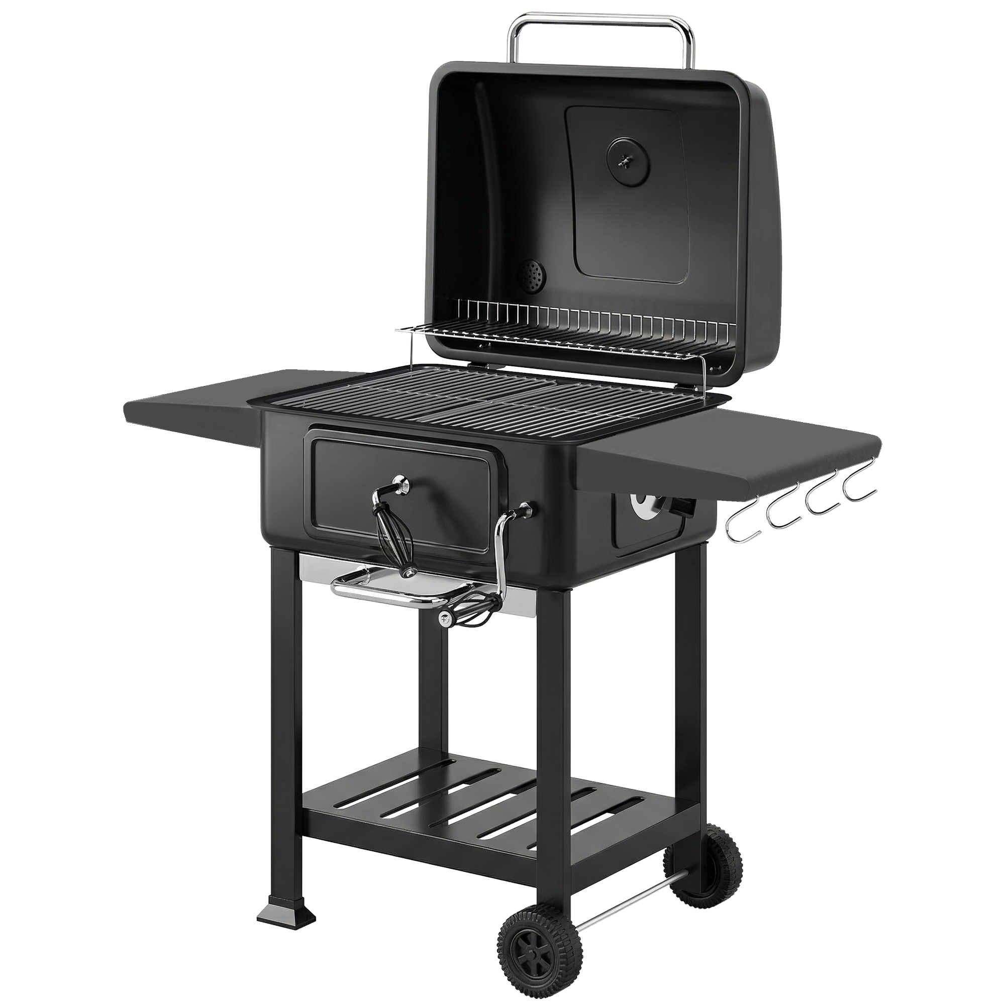 Outsunny Barbecue au charbon avec bac à charbon réglable, chariot grill de jardin fumoir avec tablettes latérales et thermomètre