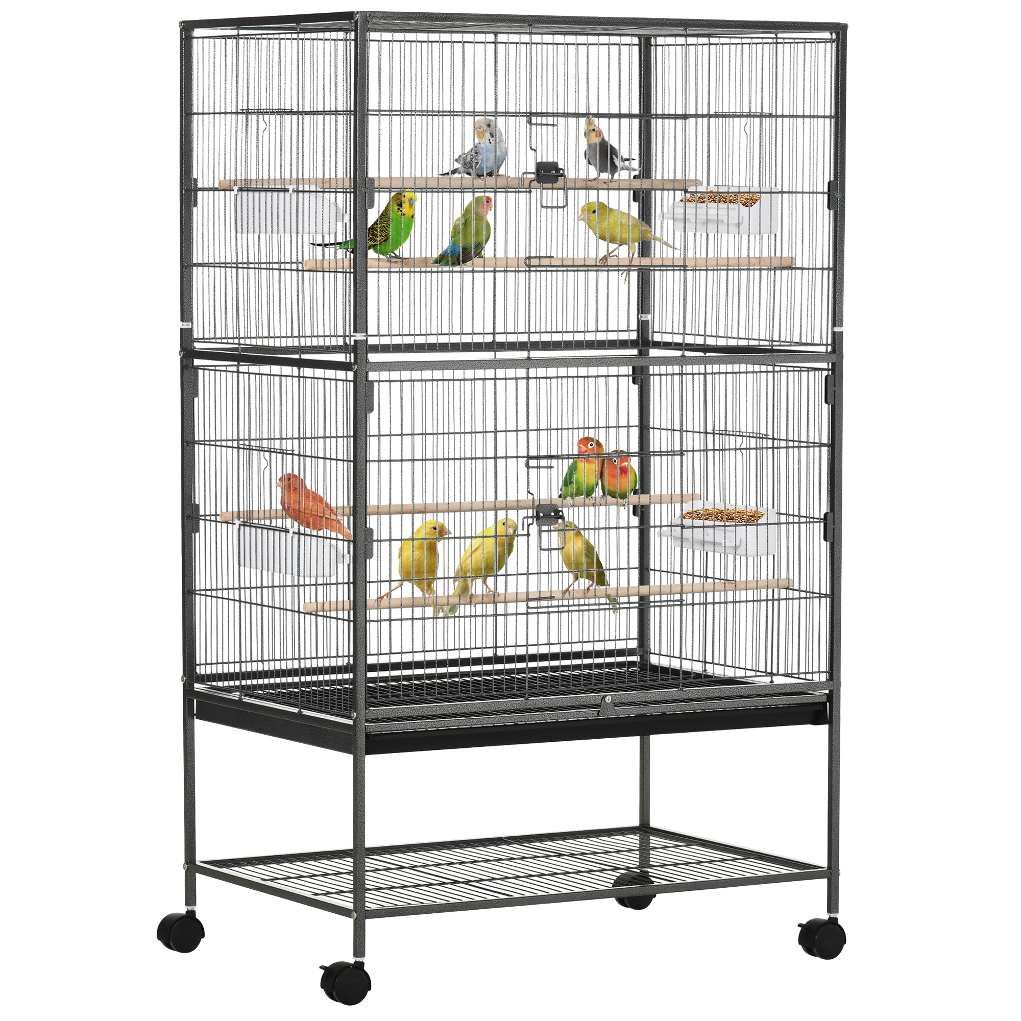 PawHut Gabbia per Uccelli da Interni in Legno con Vassoio, 4 Ruote e Trespolo, 78x52x132cm