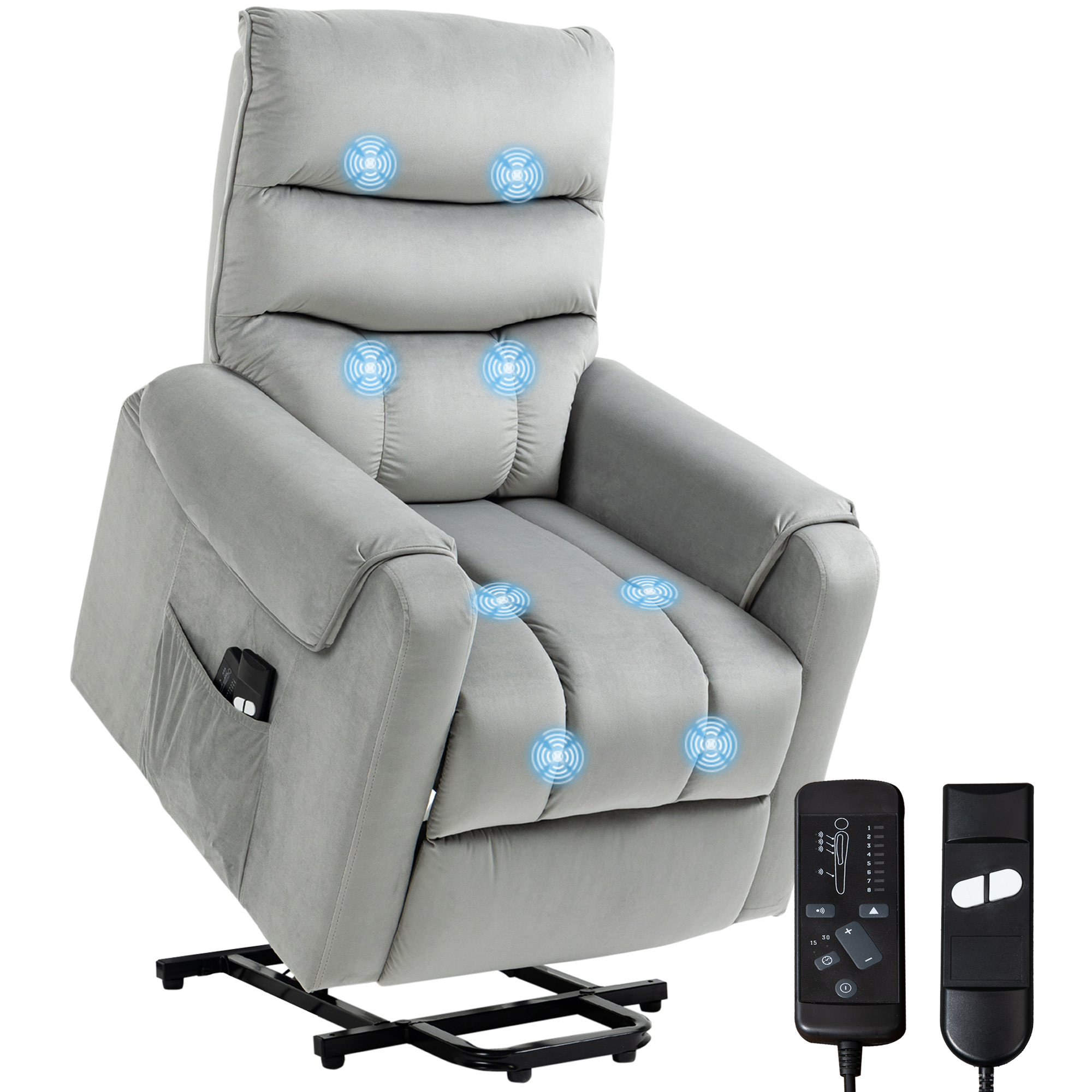 HOMCOM Sillón de Masaje y Relax Levantapersonas con Control Remoto Reclinación Eléctrica y 8 Zonas de Masaje en Tela Gris | Aosom España