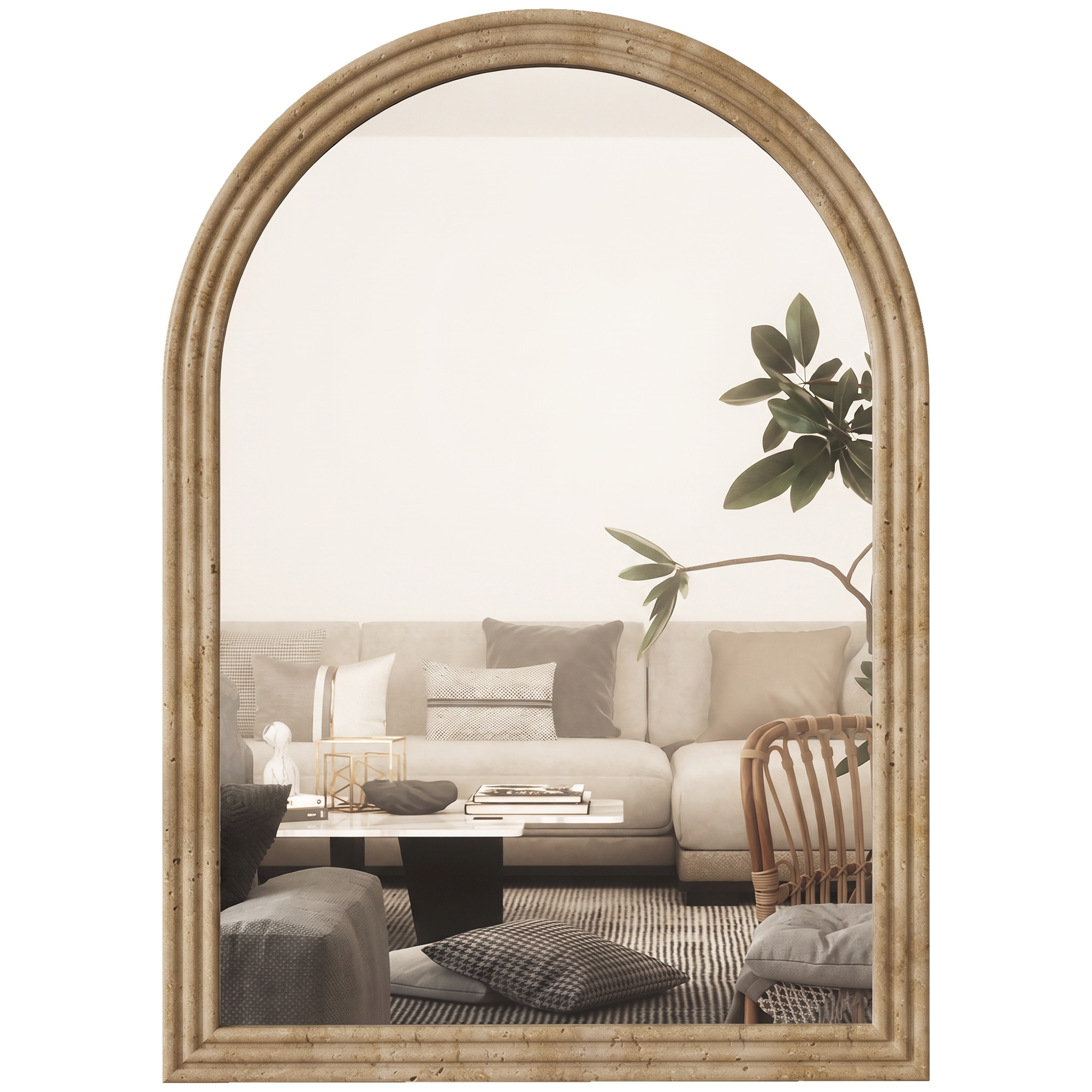 Homcom Brown Modern Wall-Mounted Mirror, Arched Wall Mirror With Grooved Edge For Living Room, Entryway, Hallway,