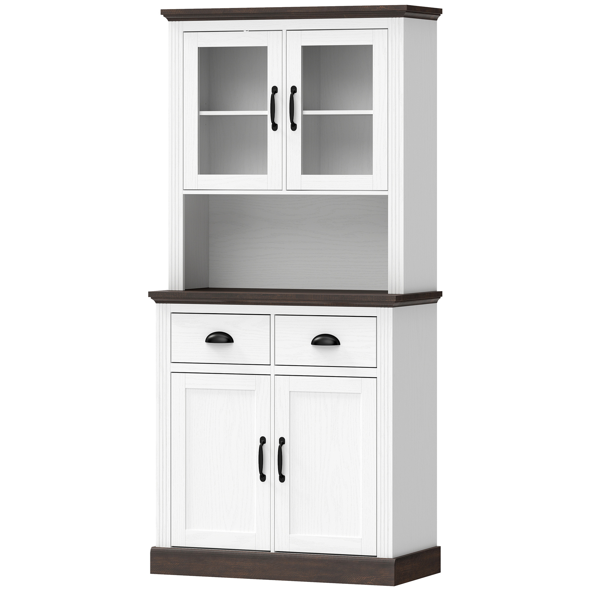 HOMCOM Hoher Küchenschrank, Küchen-Hilfsmöbel mit Glastüren, 2 Schubladen, verstellbare Einlegeböden, offenes Fach, für Esszimmer, Wohnzimmer, 80x38x170 cm, Weiß und Braun Aosom