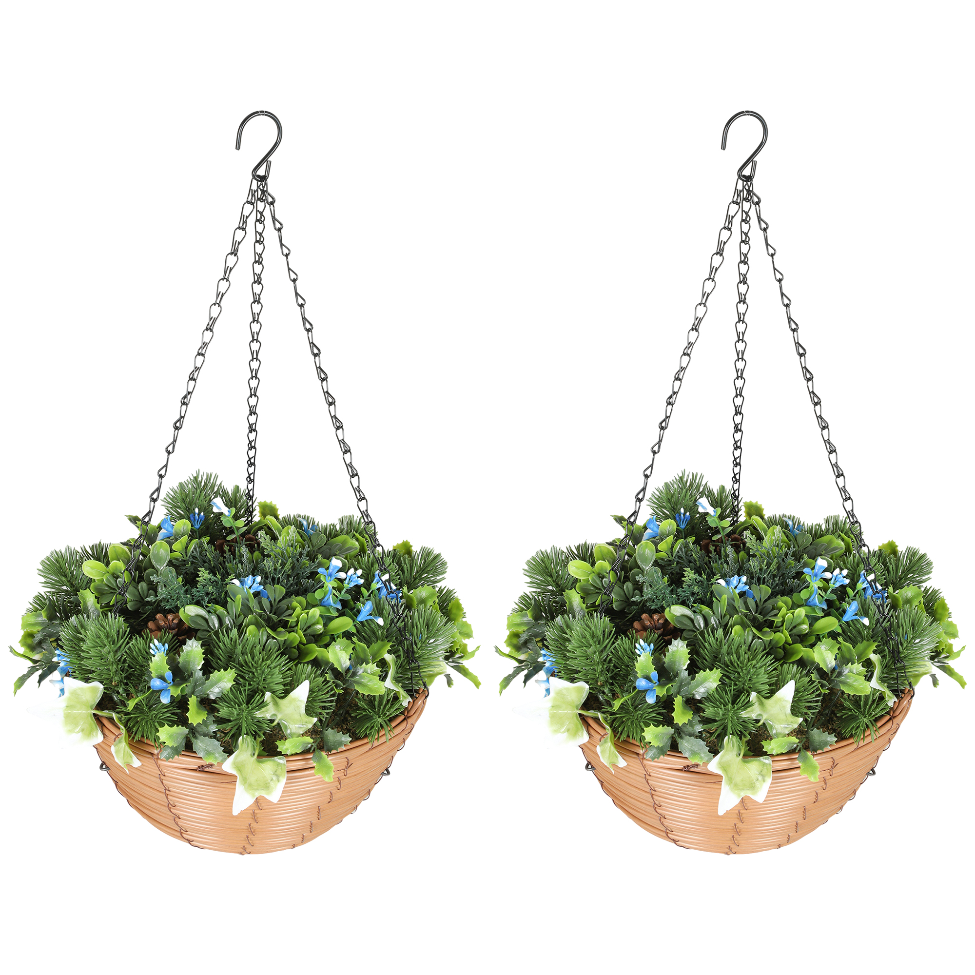 HOMCOM Pack of 2 Faux Plant Artificial Lisianthus Flowers, Hanging Planters with Basket, PE Leaves, 18 Flowers and 3 Pinecones, Decorative Faux Plants for Home Office Decor, Green