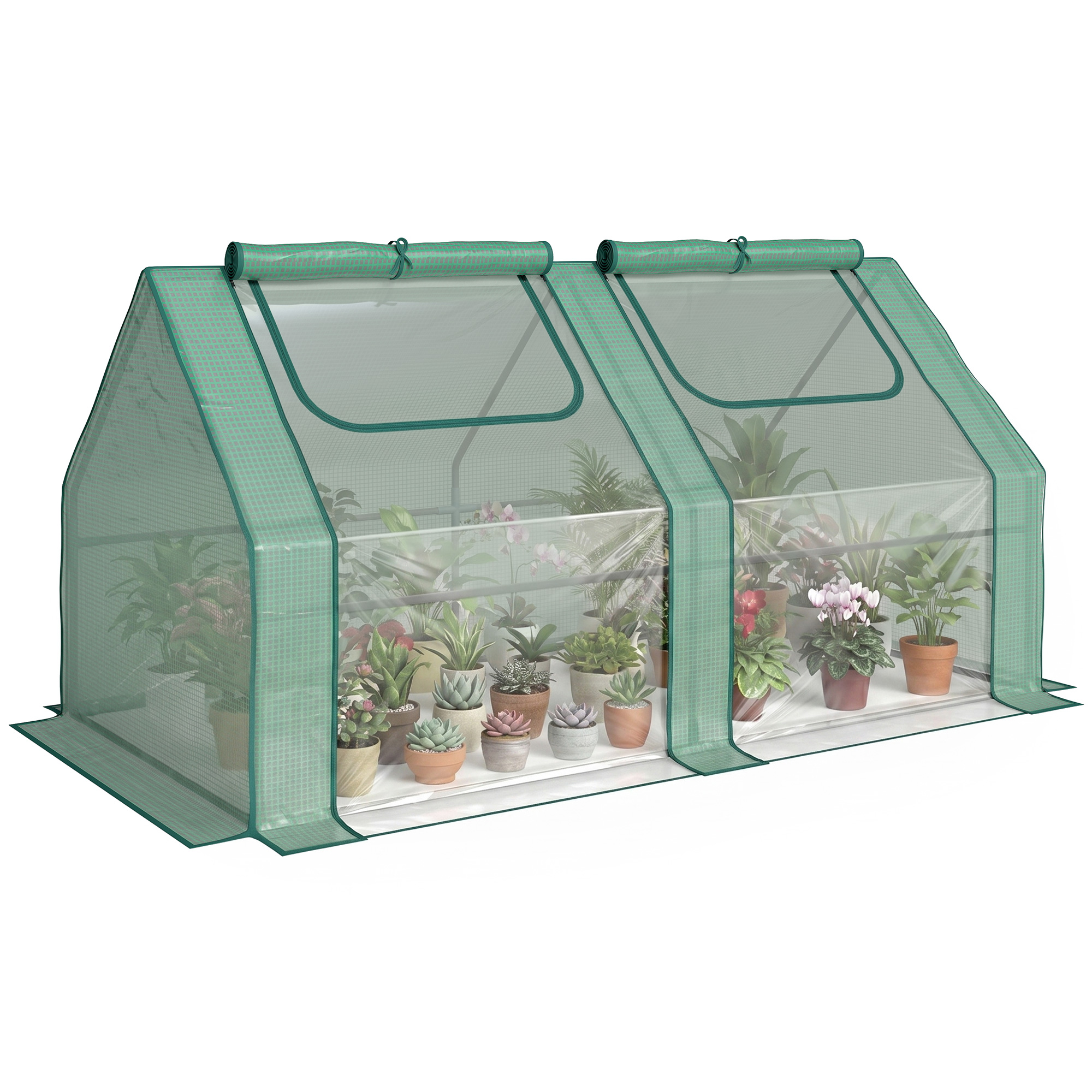 Outsunny Serre de Jardin mini serre tunnel double bâche toit pointu 180L x 90l x 90H cm Acier PE PVC 2 fenêtres avec Zip enroulables Vert Outsunny Serre de Jardin mini serre tunnel double bâche toit pointu 180L x 90l x 90H cm Acier PE PVC 2 fenêtres avec Zip enroulables Vert