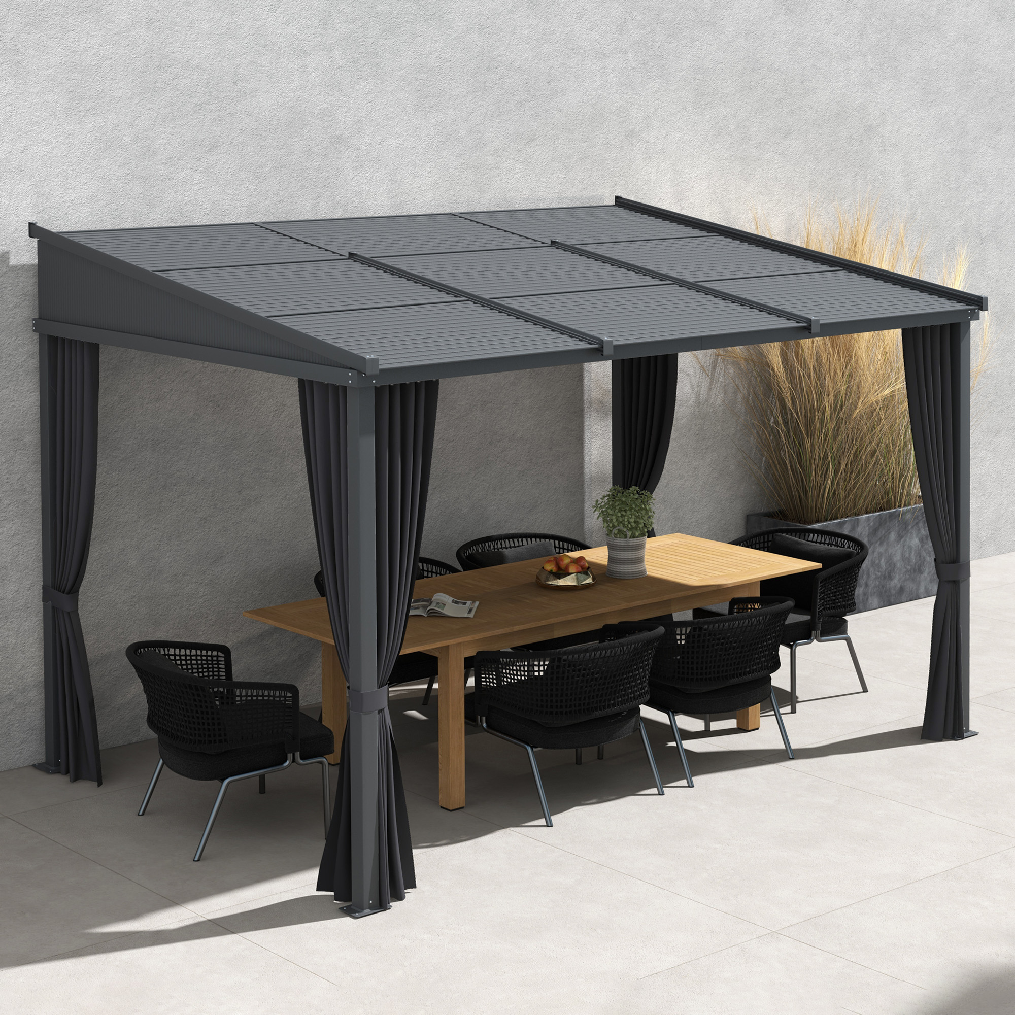 Outsunny Pergola 3,65 x 2,55 m Pavillon mit Schiebedach und Vorhängen, Terrassenüberdachung für Garten und Hof, Aluminium und Metall, dunkelgrau   Aosom.de