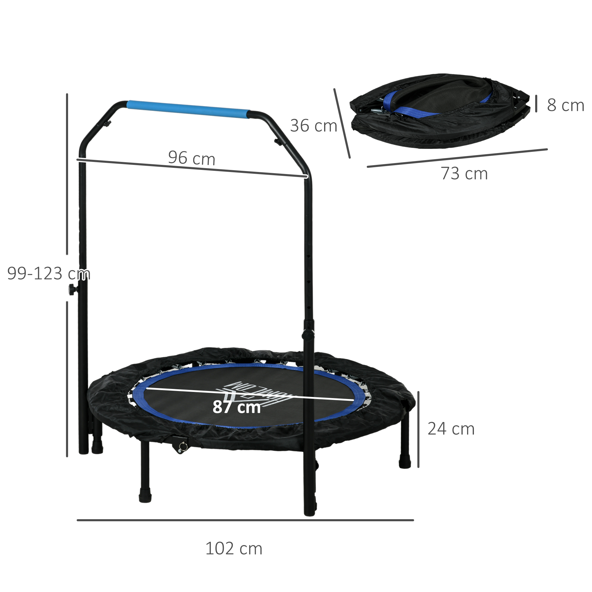 Fitness-batuut, kokkupandav, reguleeritava käepidemega, Ø102x123K cm, kuni 150 kg, must/sinine