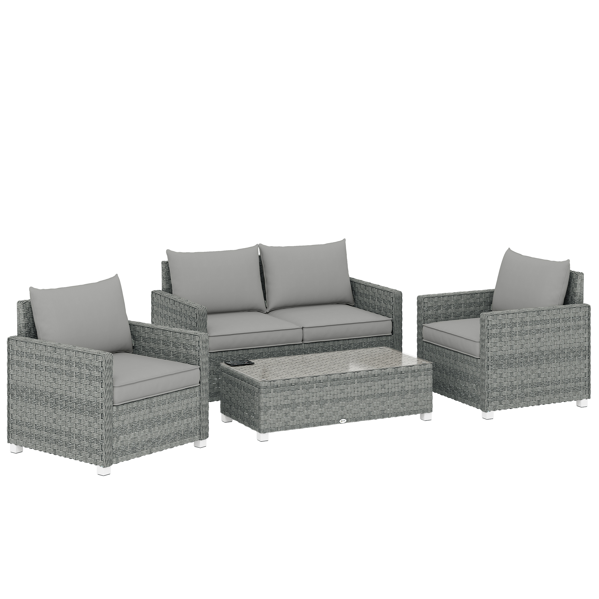 Outsunny 4 Piece Rattan Garden Furniture Set with Loveseat, 2 Armchairs, Glass-Top Table, Wicker Patio Conversation Set, Grey Outsunny 4 Piece Rattan Garden Furniture Set with Loveseat, 2 Armchairs, Glass-Top Table, Wicker Patio Conversation Set, Grey