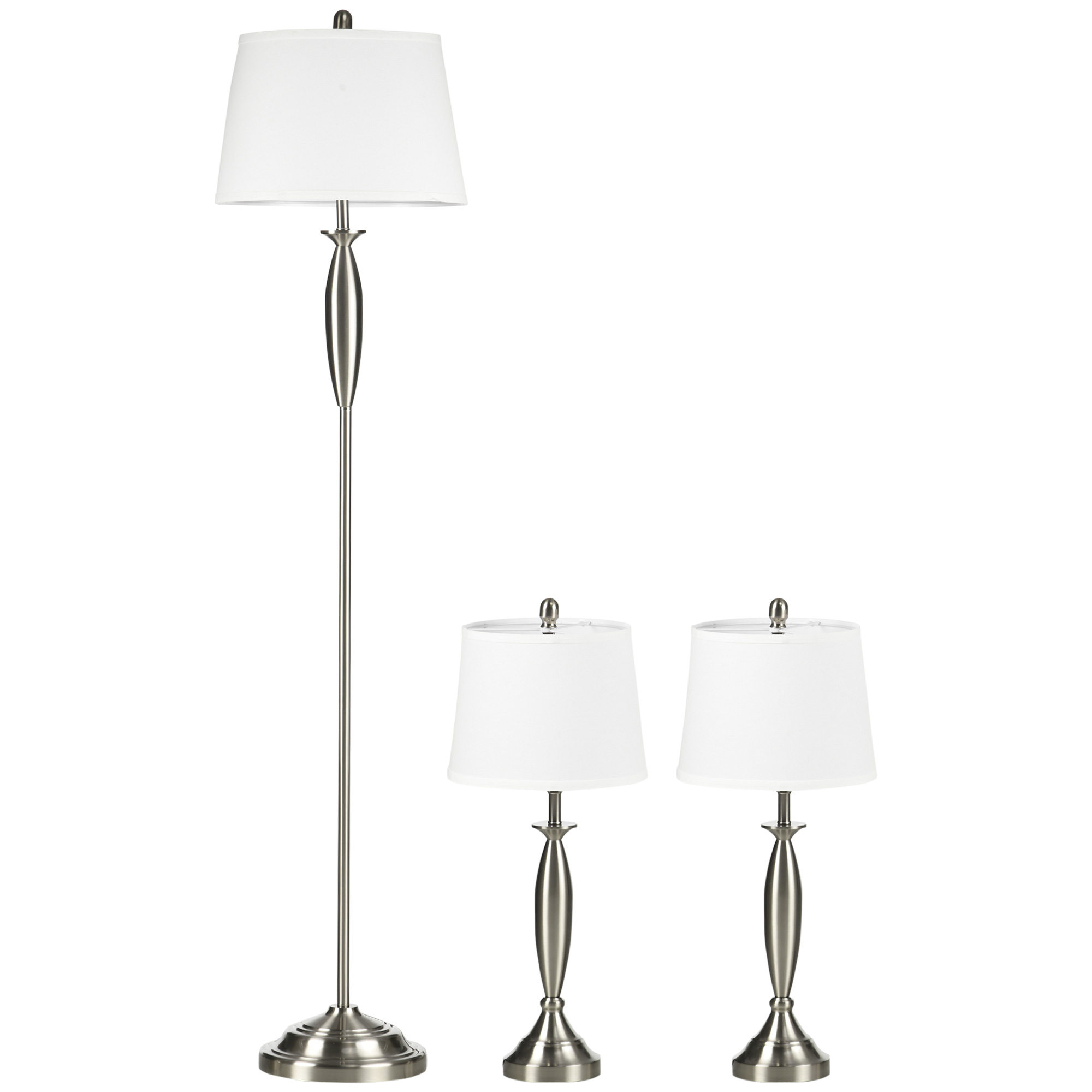 Leuchten-Set. 1 Stehleuchte, 2 Tischleuchten, Leinenoptik; 38 cm x 38 cm x 158 cm, Silber + Weiß