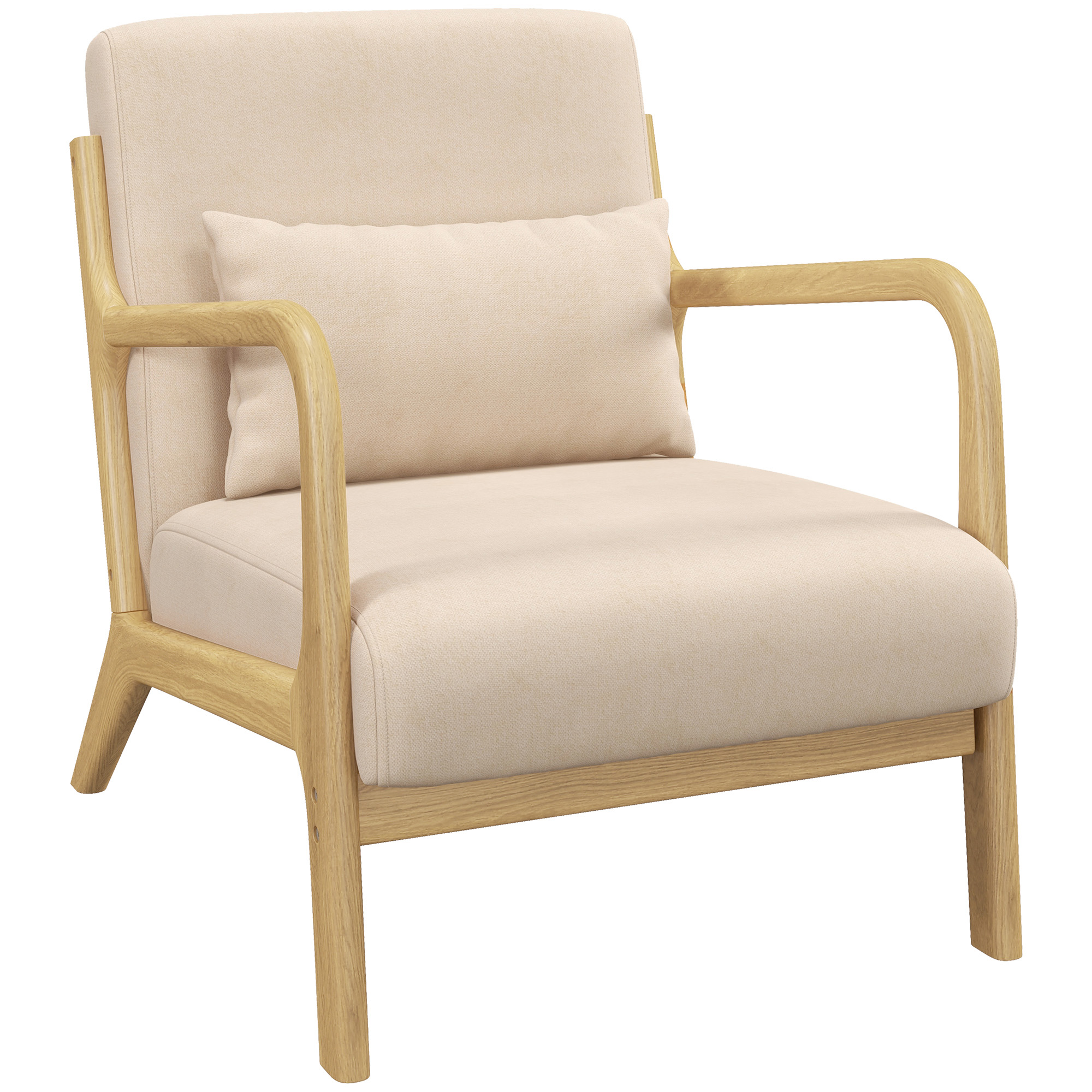HOMCOM Fauteuil lounge - 3 coussins inclus - assise profonde - accoudoirs - structure bois hévéa - aspect velours beige
