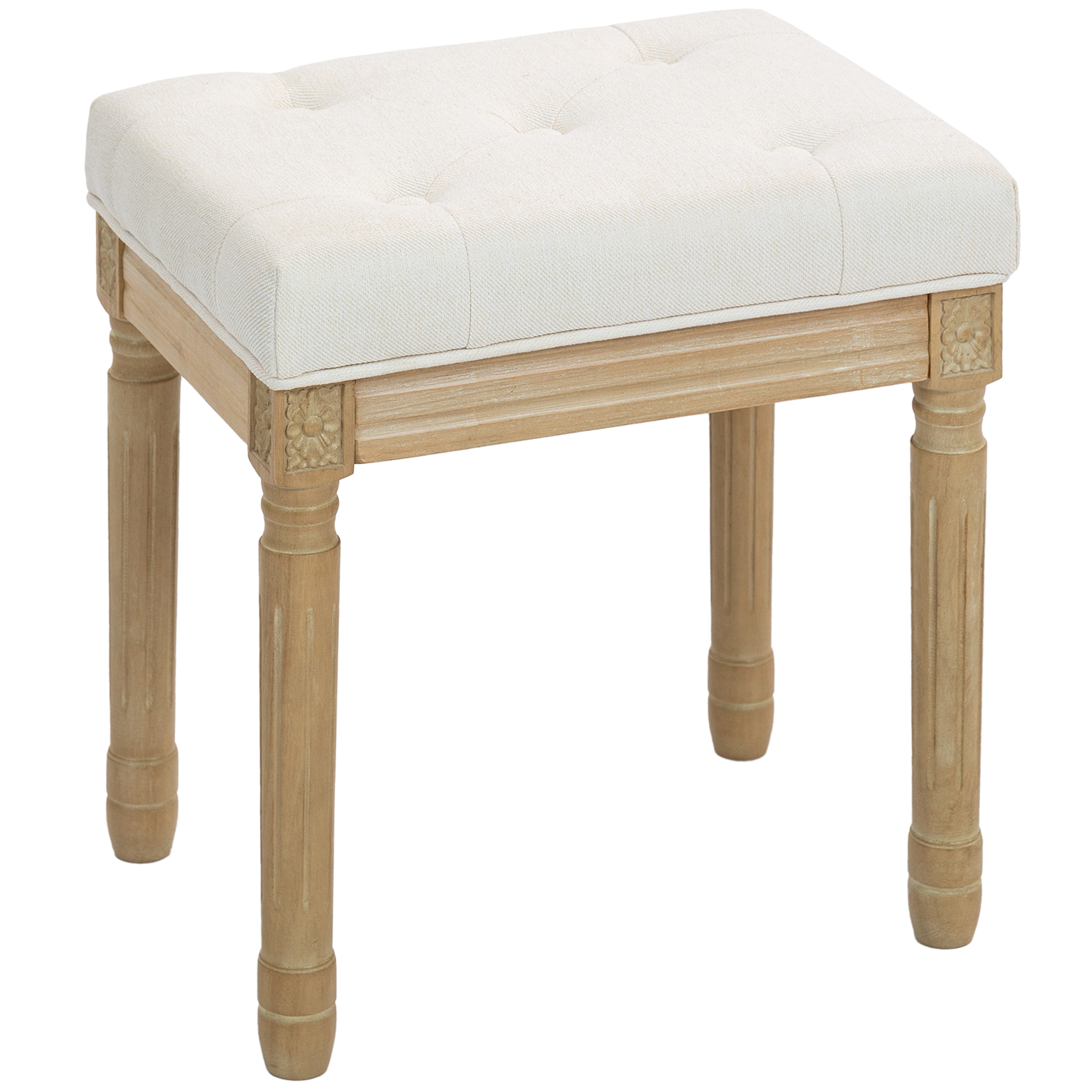 HOMCOM Reposapiés Salón Estilo Rústico Tapizado en Lino Sintético con Madera Maciza Patas Talladas Asiento Acolchado Beige