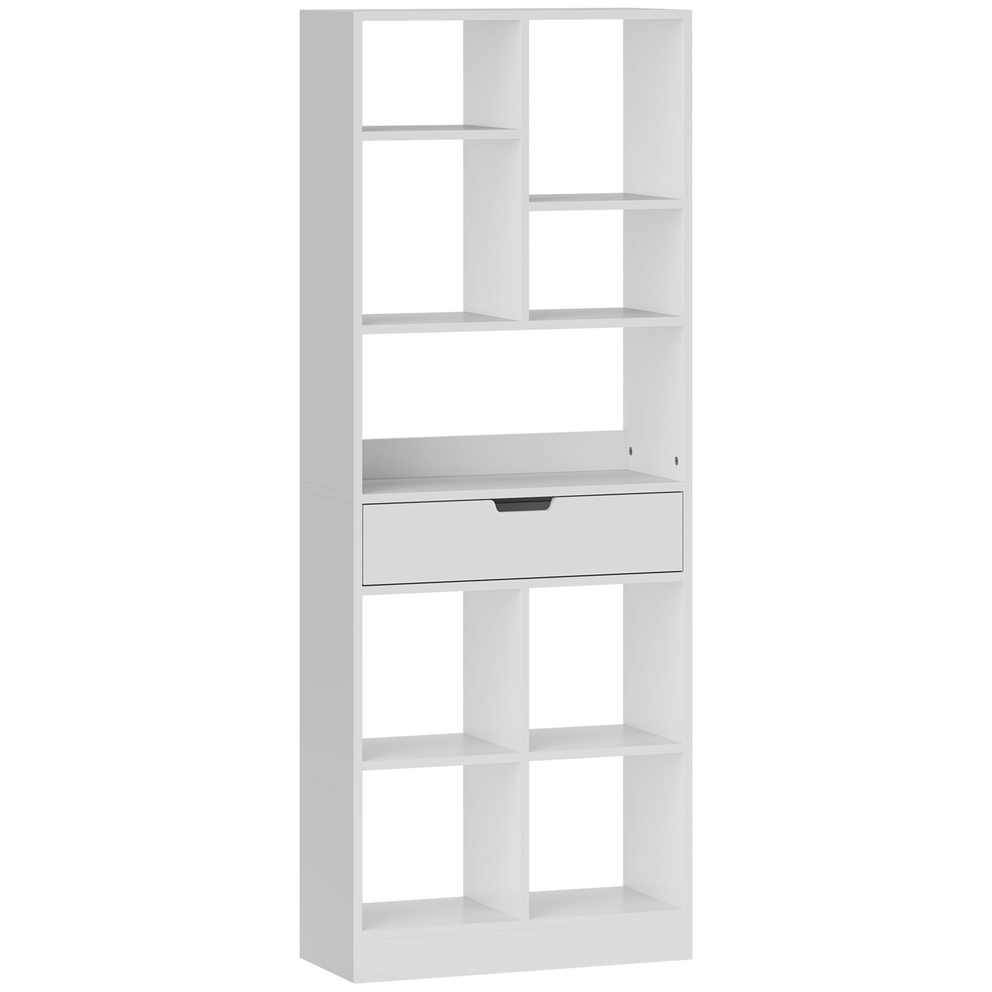 Bücherregal, Mehrzweckregal, 9 Fächer, Schublade, Kippschutz, 60 x 26 x 158 cm, Weiß
