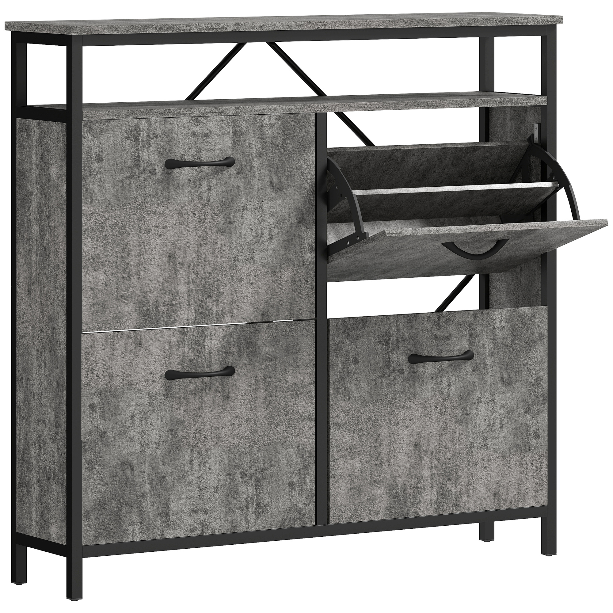 HOMCOM Shoe Storage Cabinet with 4 Flip Drawers and Open Shelf, Stylish & Practical Storage Solution, Cement Grey   Aosom UK