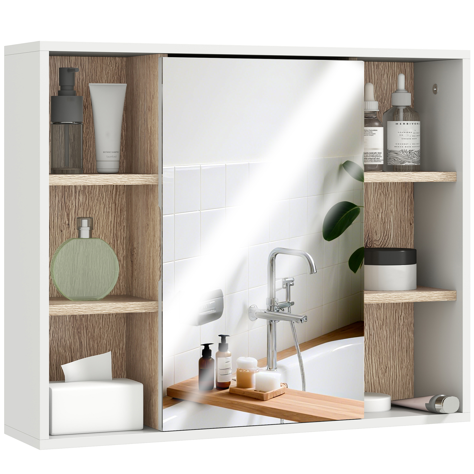 HOMCOM Armario de Baño con con Espejo y Estantes Ajustables Mueble de baño Blanco y Roble 60x14,5x49,4 cm | Aosom España