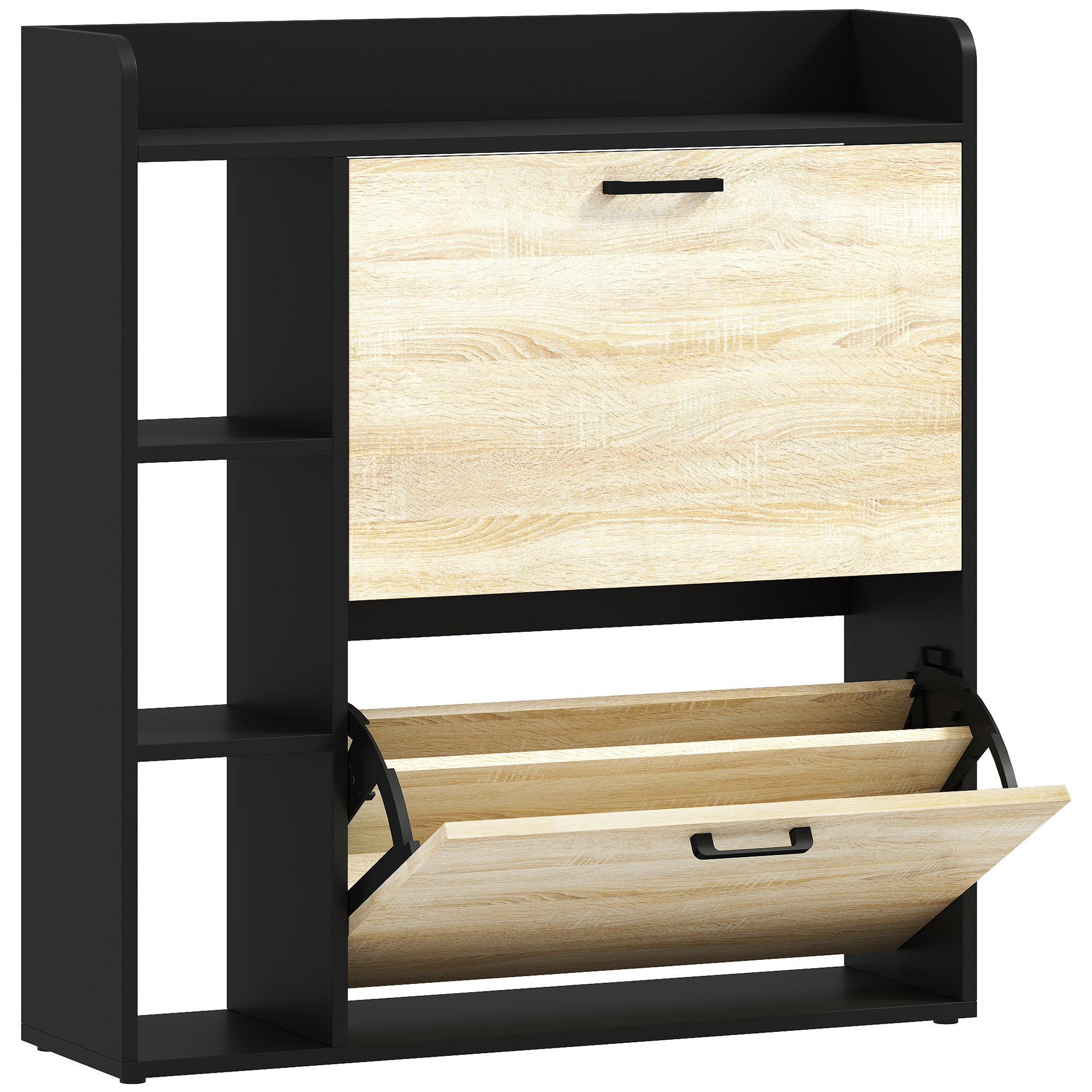 HOMCOM Zapatero Estrecho con 2 Puertas 3 Estantes Laterales y Estantes Ajustables para 15 Pares de Zapatos Natural y Negro | Aosom España