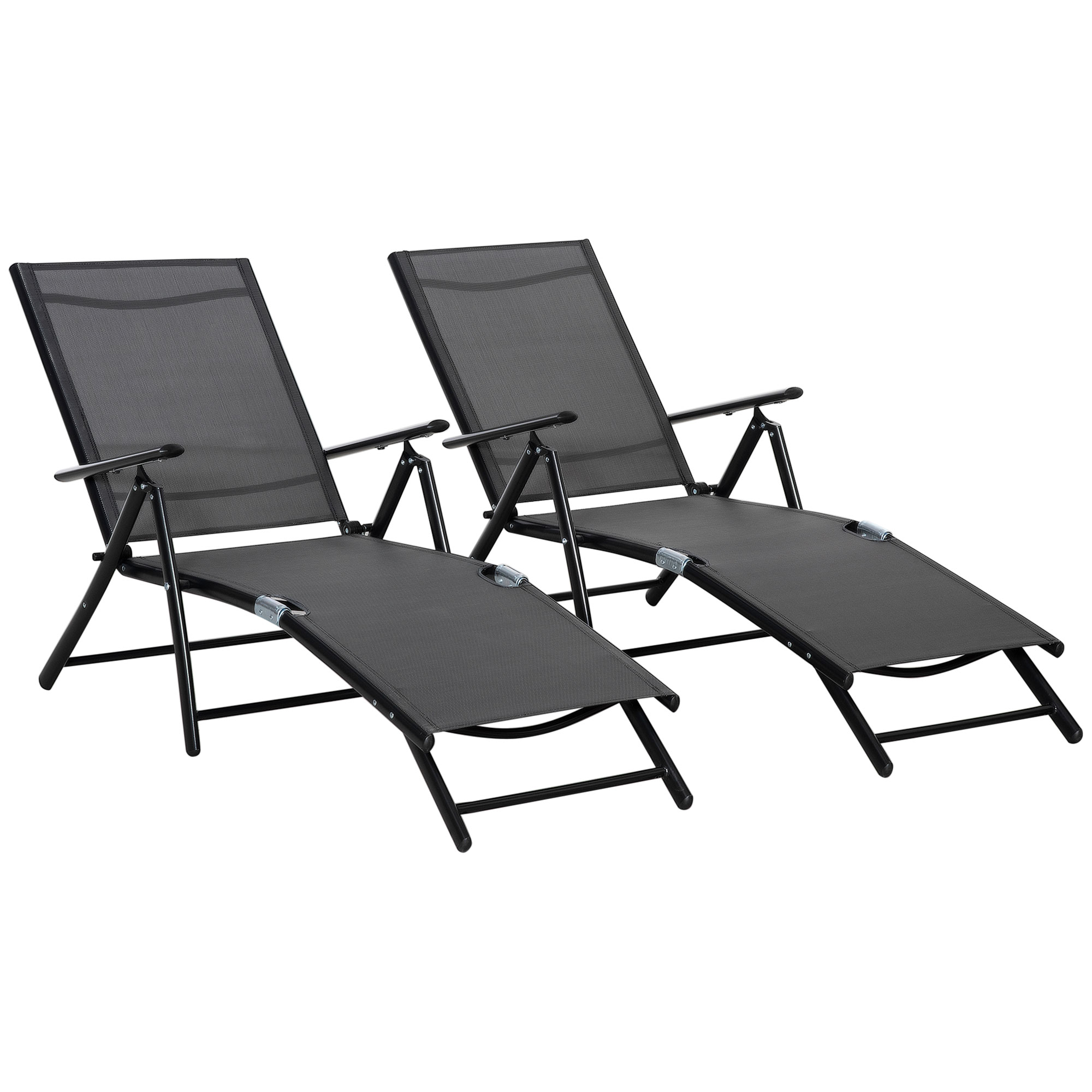 Outsunny Lot de 2 bain de soleil, chaise longue pliante, dossier réglable 7 positions, cadre en aluminium, 64x134x95cm, noir Outsunny Lot de 2 bain de soleil, chaise longue pliante, dossier réglable 7 positions, cadre en aluminium, 64x134x95cm, noir