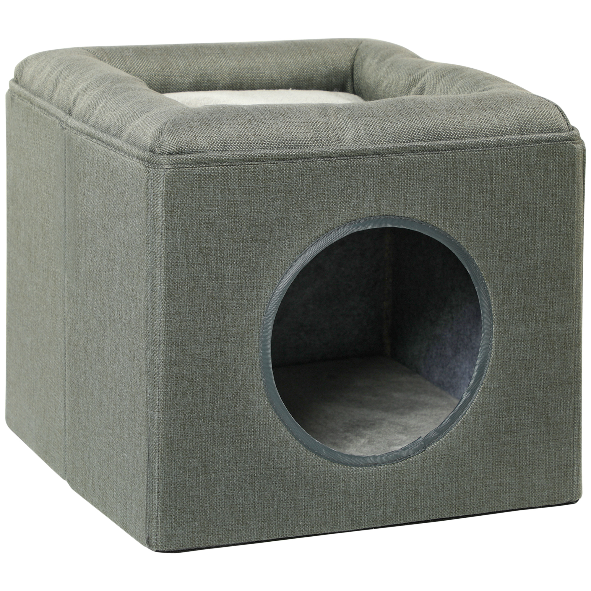 PawHut Casetta per Gatti a 2 Livelli con Cuscino in Peluche, in Legno, Poliestere e Plastica, 36.5x36.5x33 cm, Verde