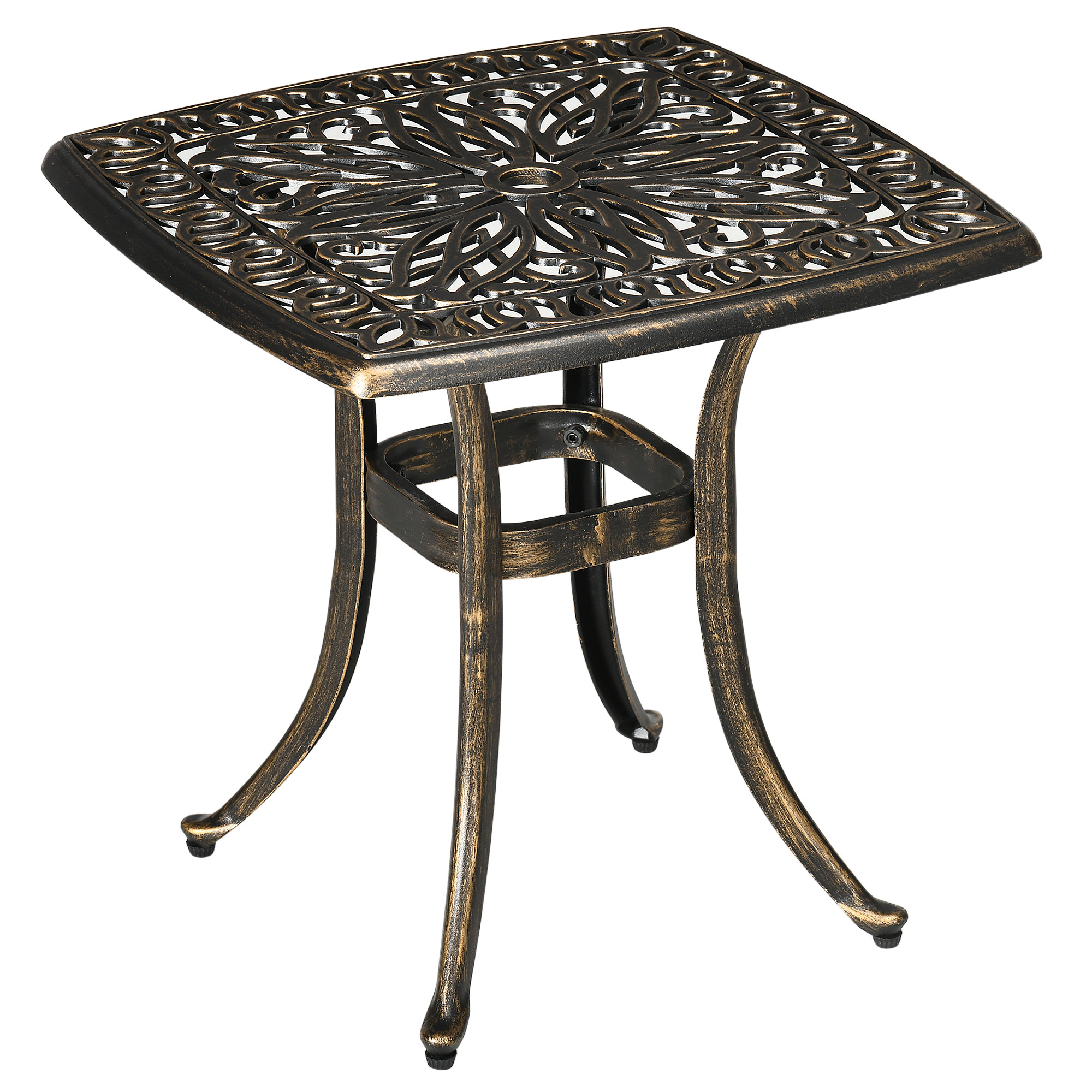 Gartentisch, dekoratives Vintage-Design, mit Schirmloch, Aluminiumguss, Farbe: Bronze, 54 x 54 x 52,5 cm