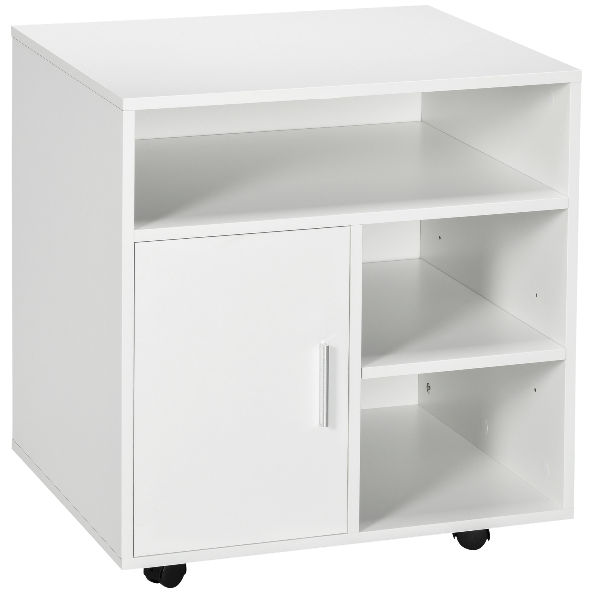 HOMCOM Mobile Printer Stand with Multiple Storage, Office Desk Side Unit on Wheels, Modern Design, 60L x 50W x 65.5H cm, White   Aosom UK