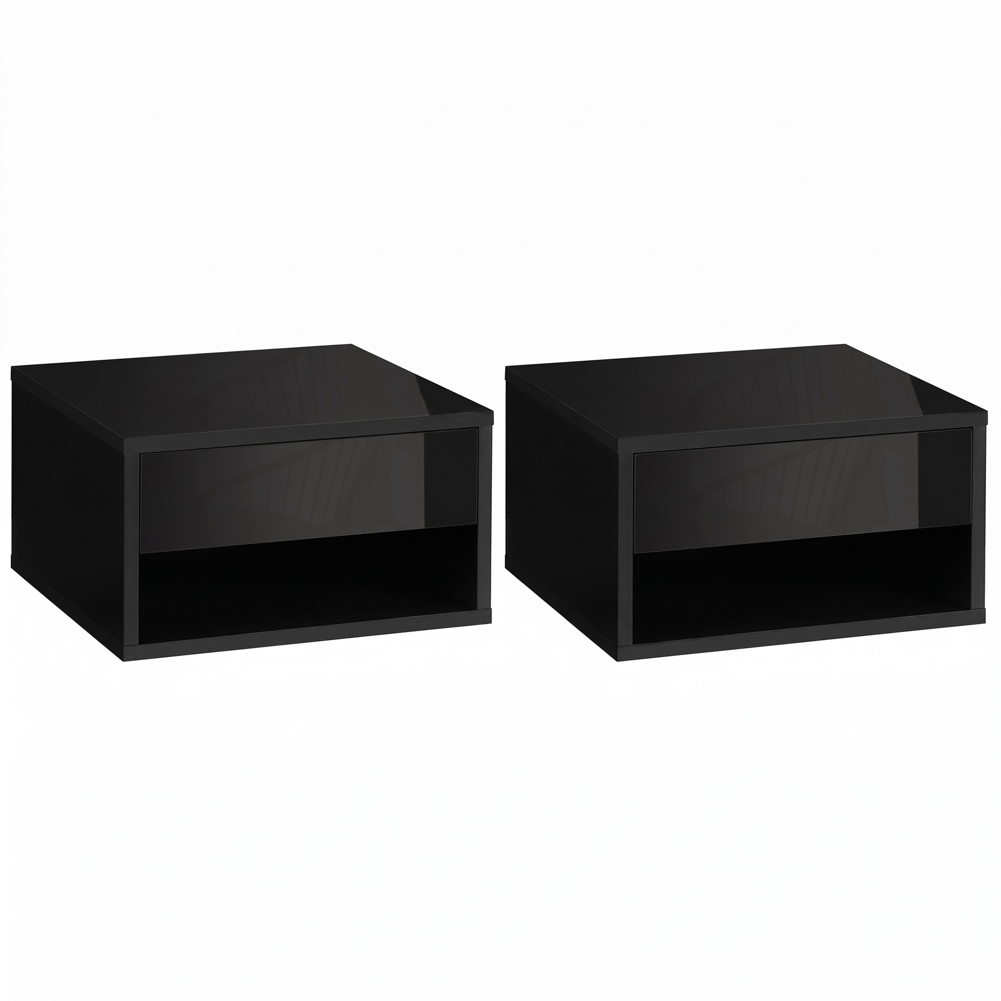 HOMCOM 2 Pieces Bedside Table Wall Mounted Nightstand with Drawer and Shelf for Bedroom, 37 x 32 x 21cm, High Gloss Black