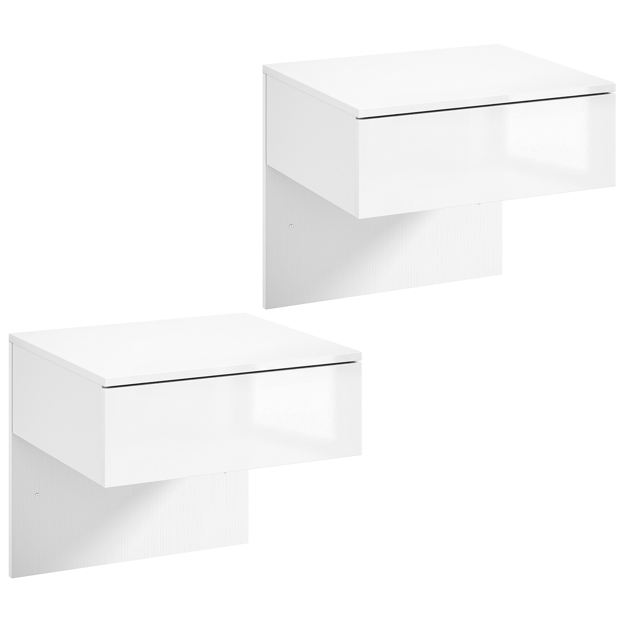 HOMCOM Juego de 2 Mesitas de Noche Flotantes con Cajón Montado en la Pared para Dormitorio 40x35x36,2 cm Blanco Brillo | Aosom España