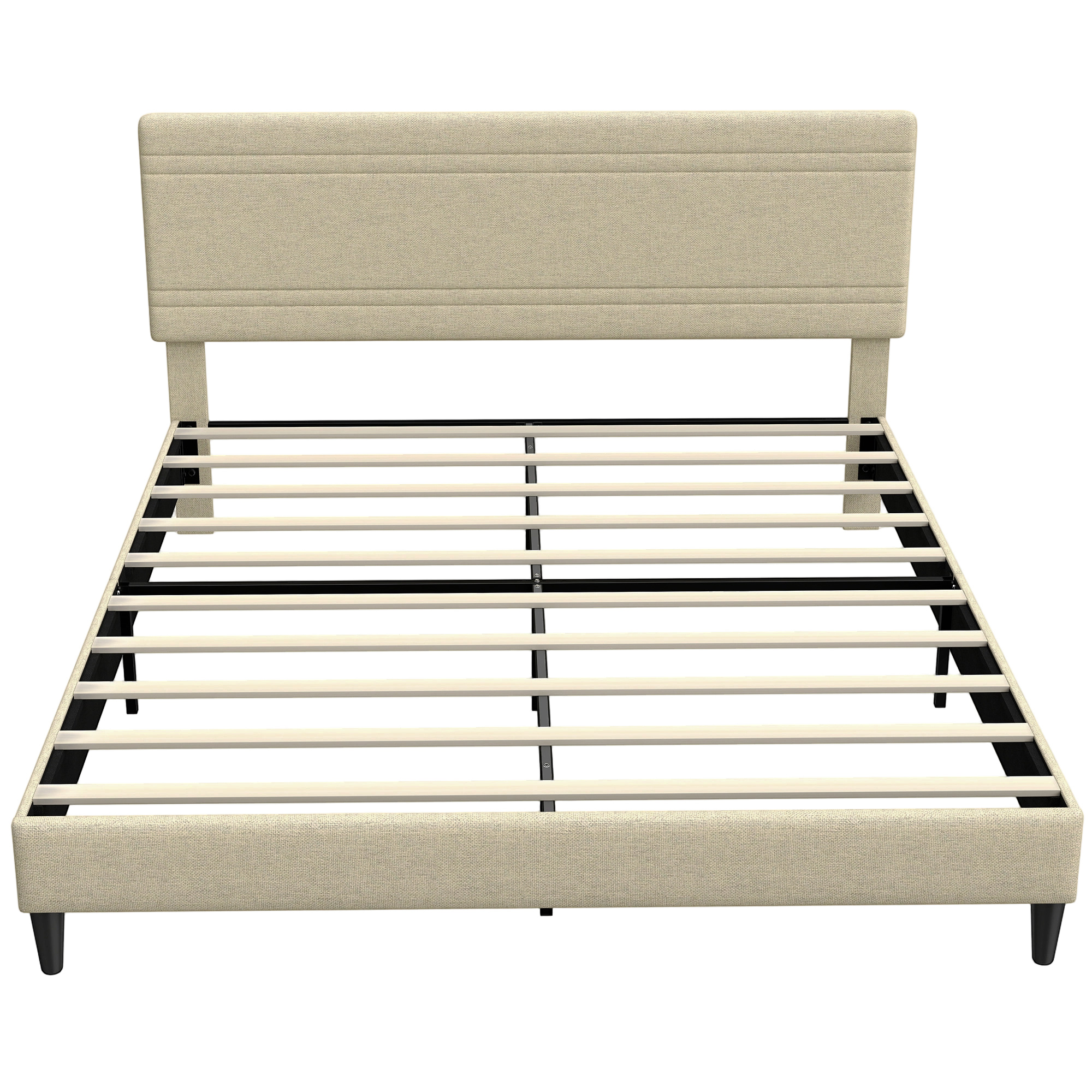HOMCOM Bettgestell 160 x 200 cm mit Lattenrost aus Holz, Doppelbett gepolstert in Leinenoptik, Stahlrahmen, 9 stabile Füße, geräuschlos, Tragkraft 360 kg, einfacher Aufbau, Beige Aosom