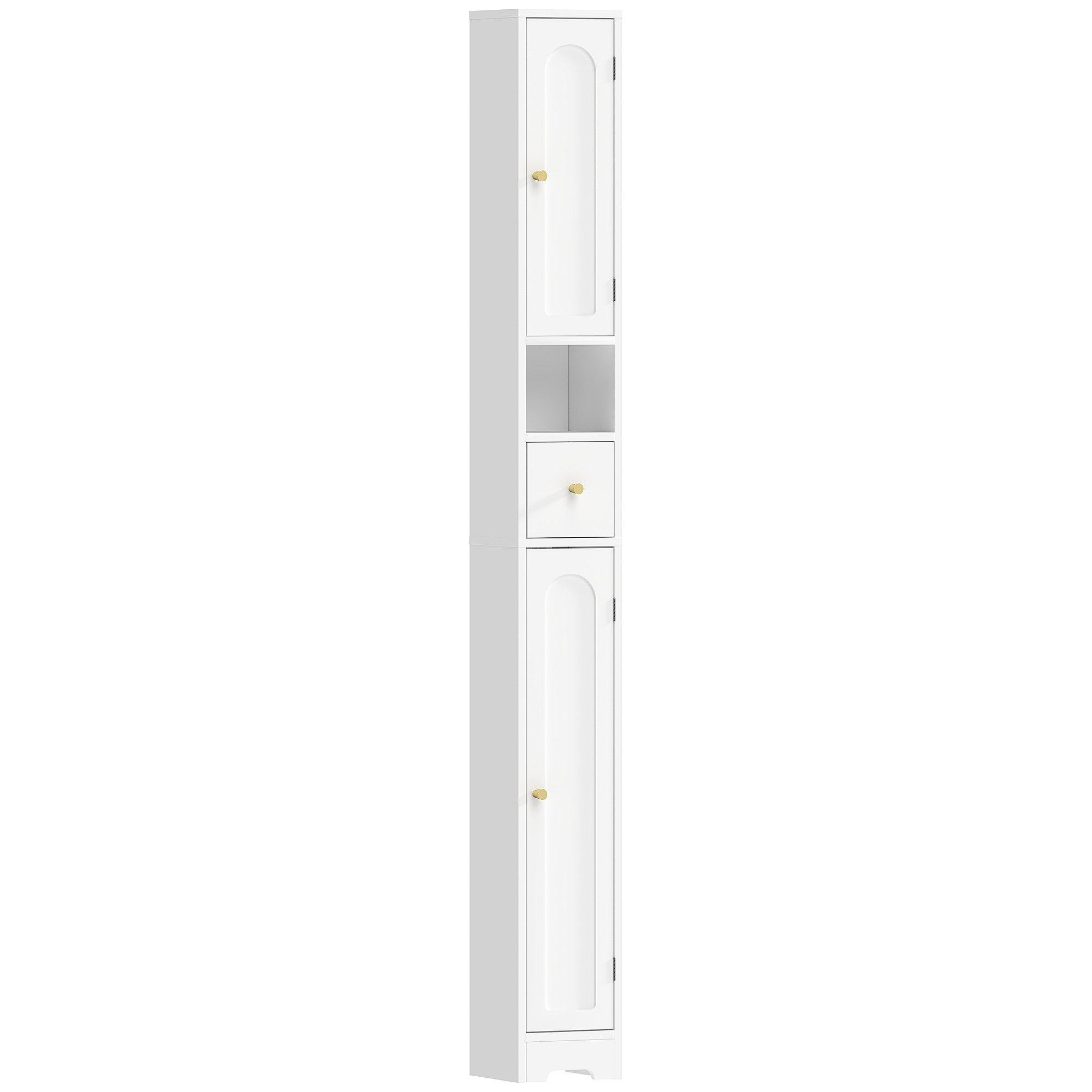 Badezimmerschrank schmaler Badschrank mit Schublade gewölbten Türen offenem Fach verstellbare Ablage 20x20x185 cm Weiß