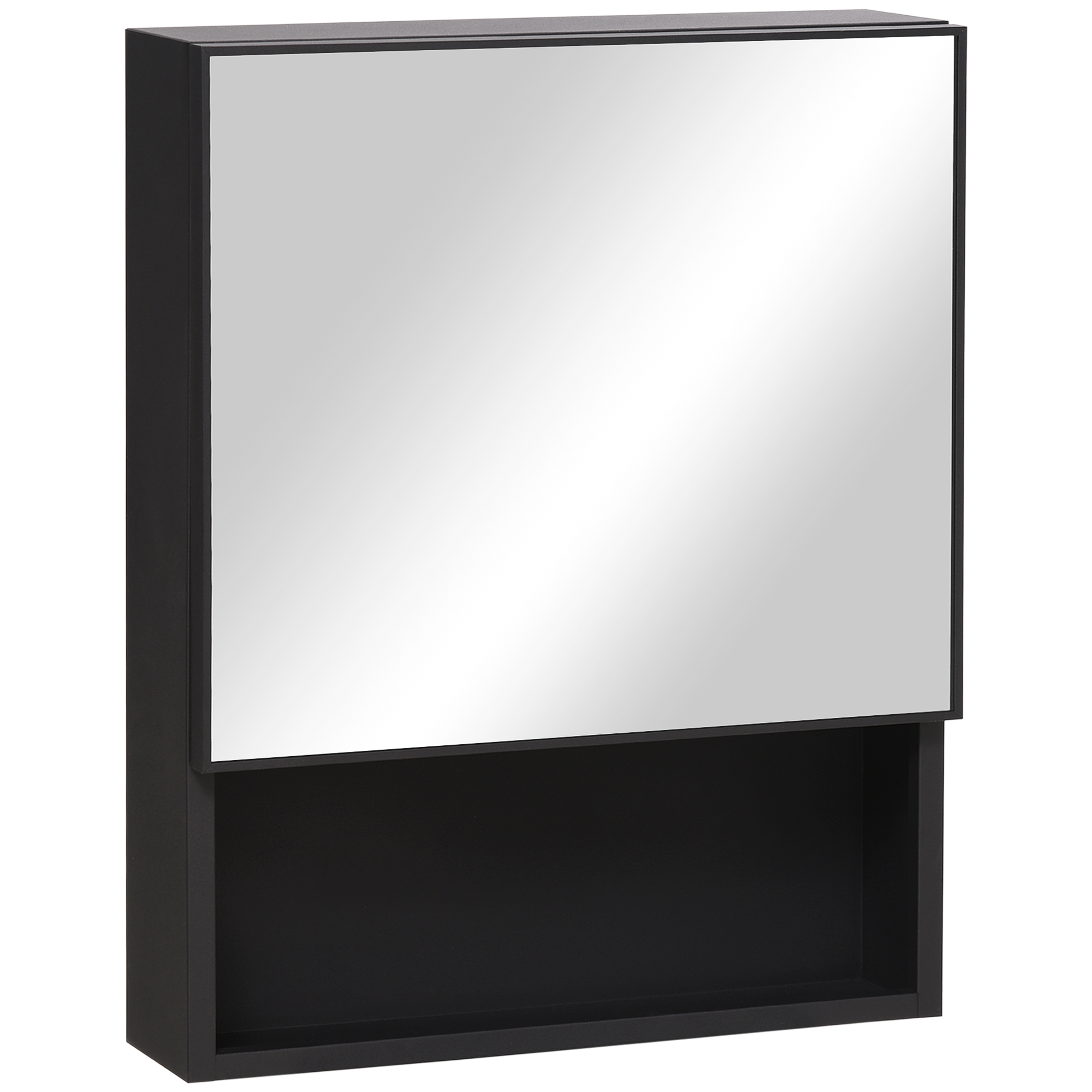 Spiegelschrank, 2 Innenböden, offenes Regalfach, Stahlgehäuse, schwarz, 46 x 13,5 x 58 cm