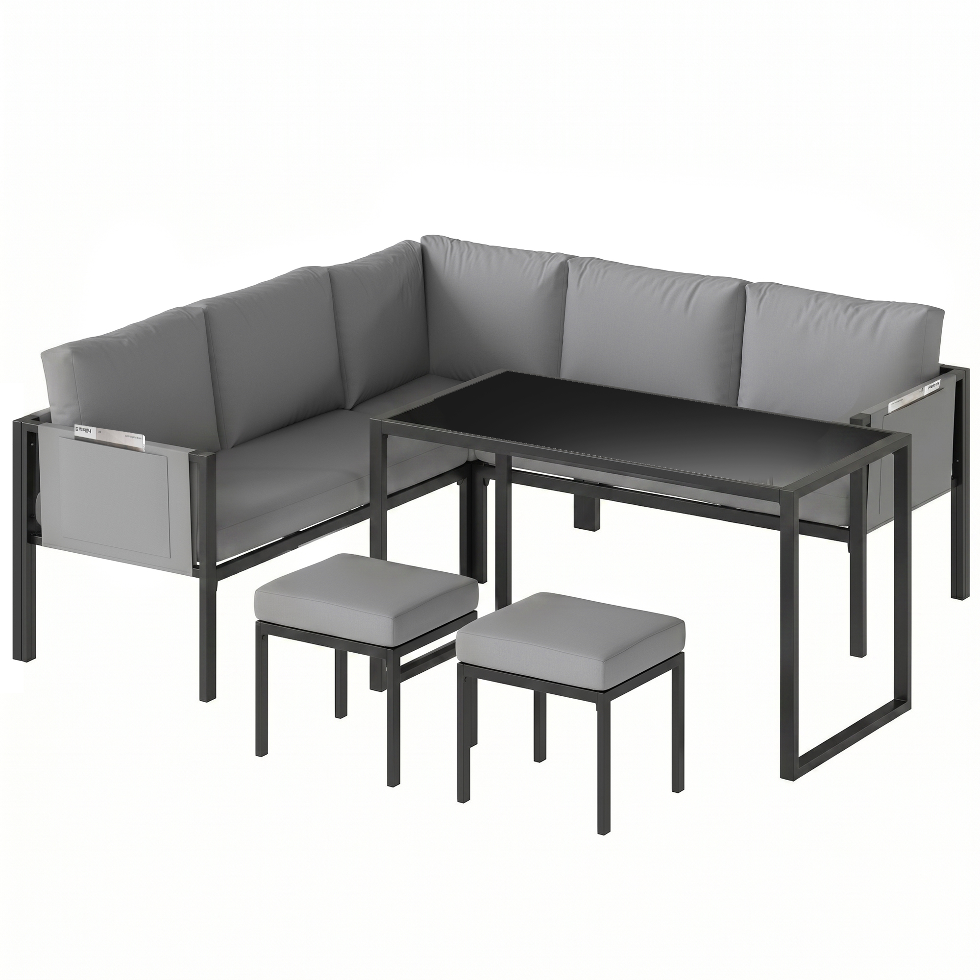 Outsunny Salon de Jardin Canapé d'Angle Extérieur 6 Pièces Coussins 10cm Table Haute et 2 Repose-pieds Gris