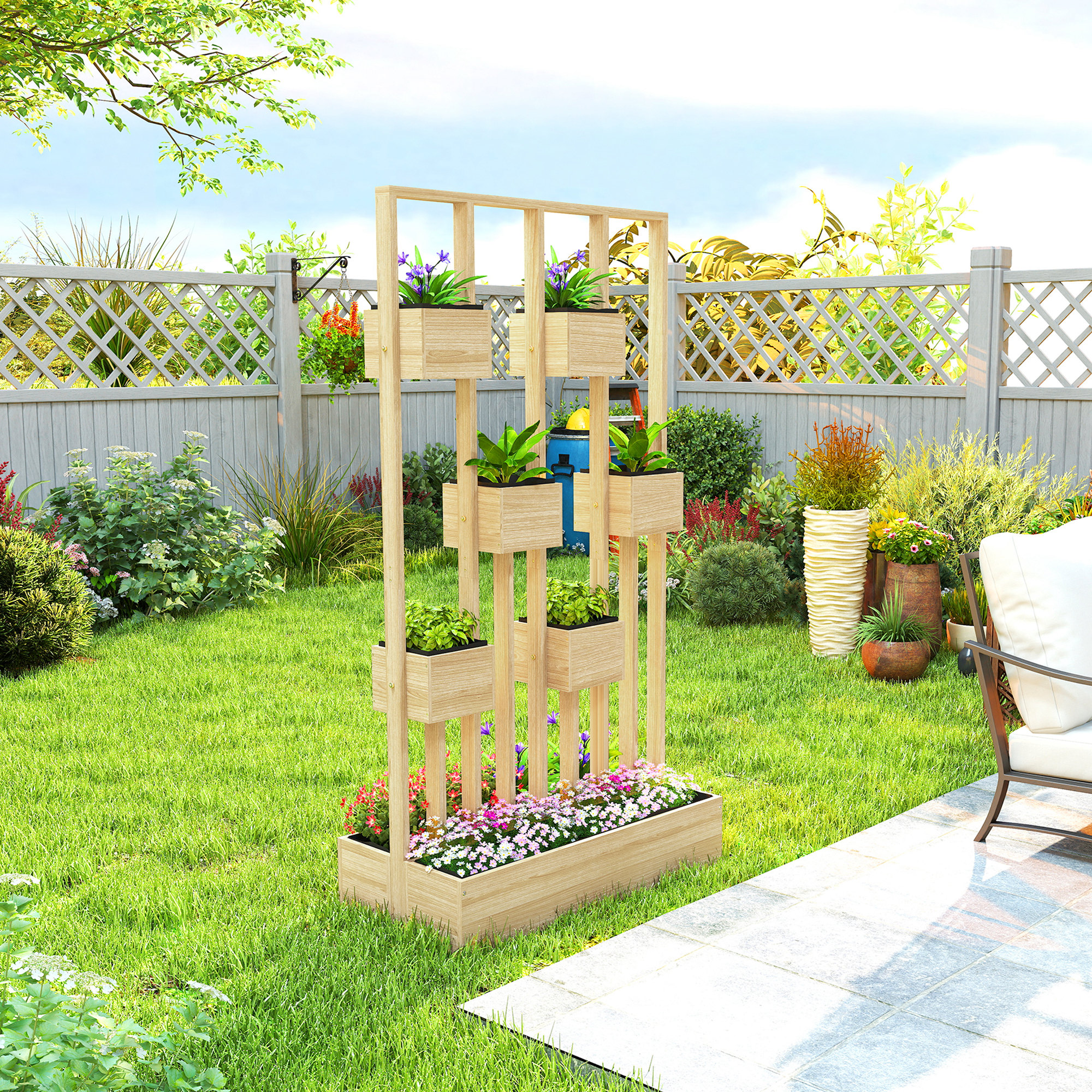 Kõrgpeenar võrekorvidega, puidust lillekastiga, lillepottiga, lillekastiga, 90 x 45 x 170 cm