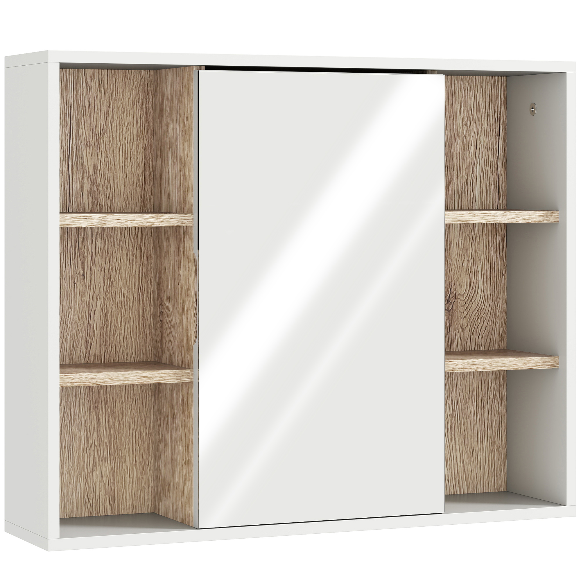 HOMCOM Spiegelschrank Badschrank Hängeschrank Badmöbel Wandschrank Mehrzweckschrank, Spanplatte+MDF, Weiß + Natur 60 x 14,5 x 49,4 cm   Aosom