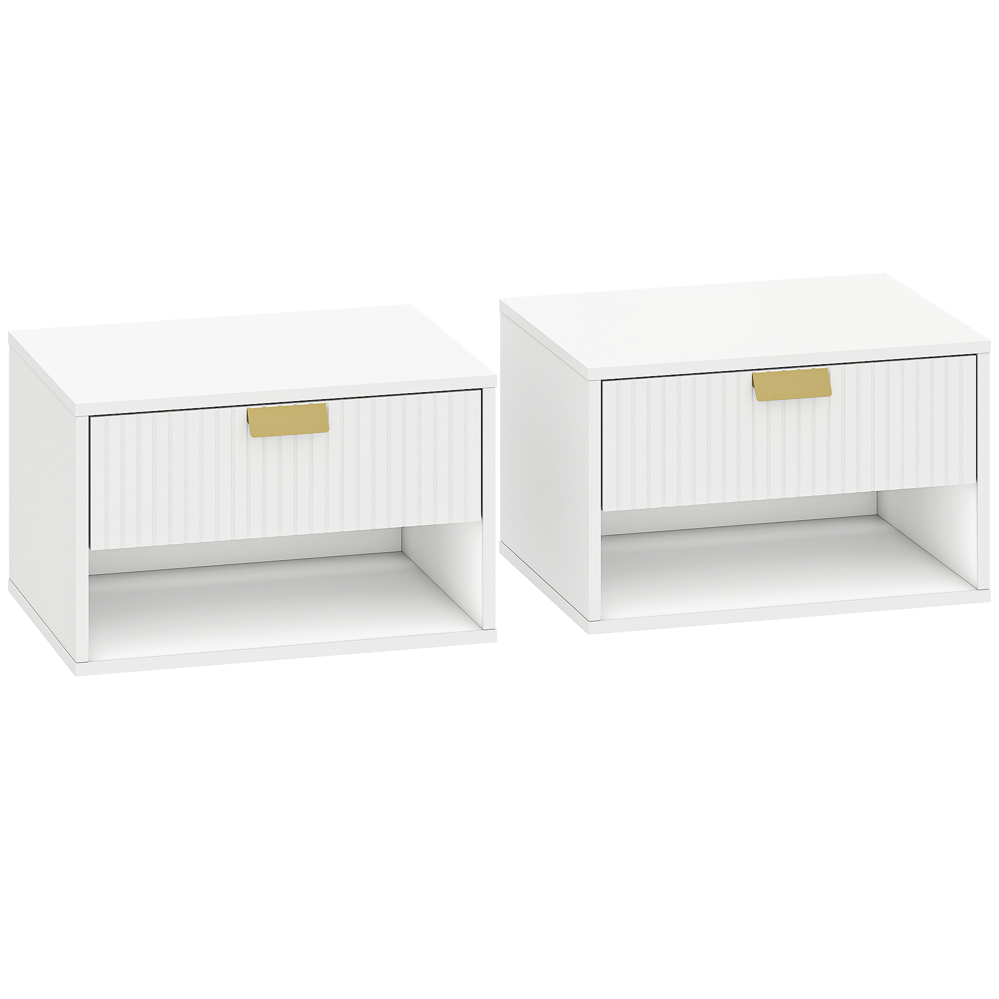 HOMCOM Juego de 2 Mesitas de Noche Flotantes con Cajón con Frente Ondulado y Estante Abierto Diseño Moderno 40x30x25 cm Blanco