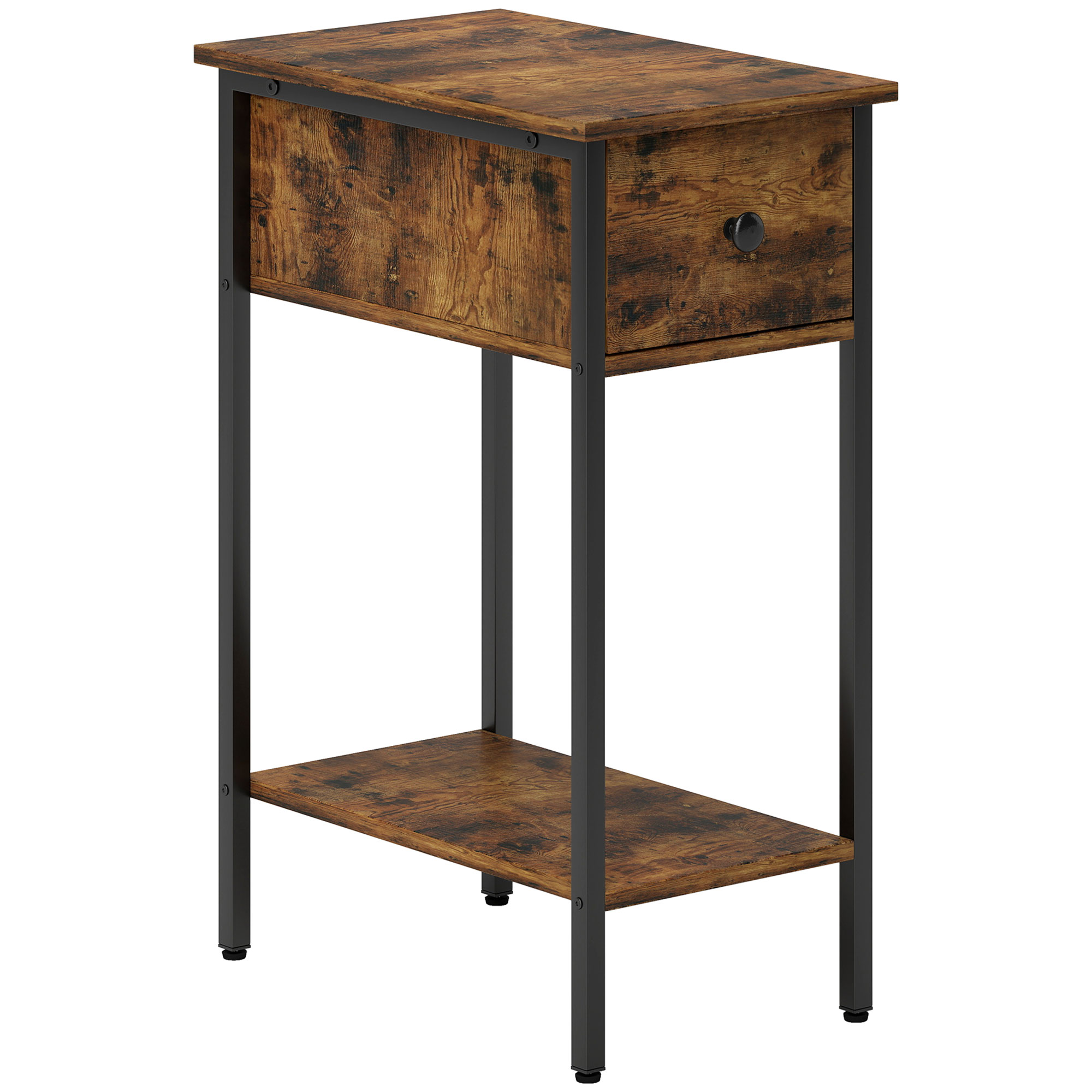 Beistelltisch mit offenem Fach und Schublade, Nachttisch, Metallbeine, Holz, Braun