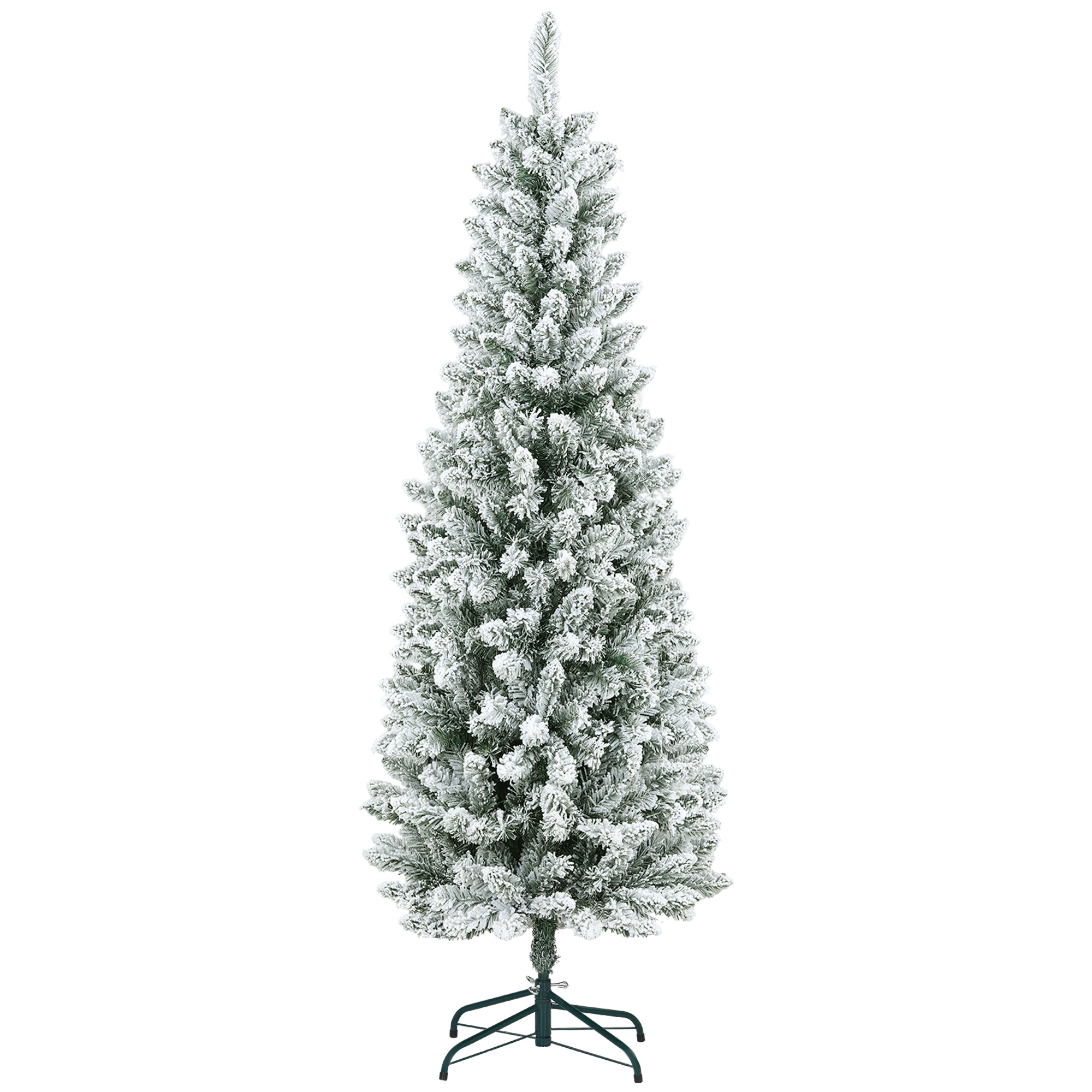 Künstlicher Weihnachtsbaum, schlanke Form, Kunstschnee, dreiteilig, flammhemmend, Metallfuß, 183 cm, Grün