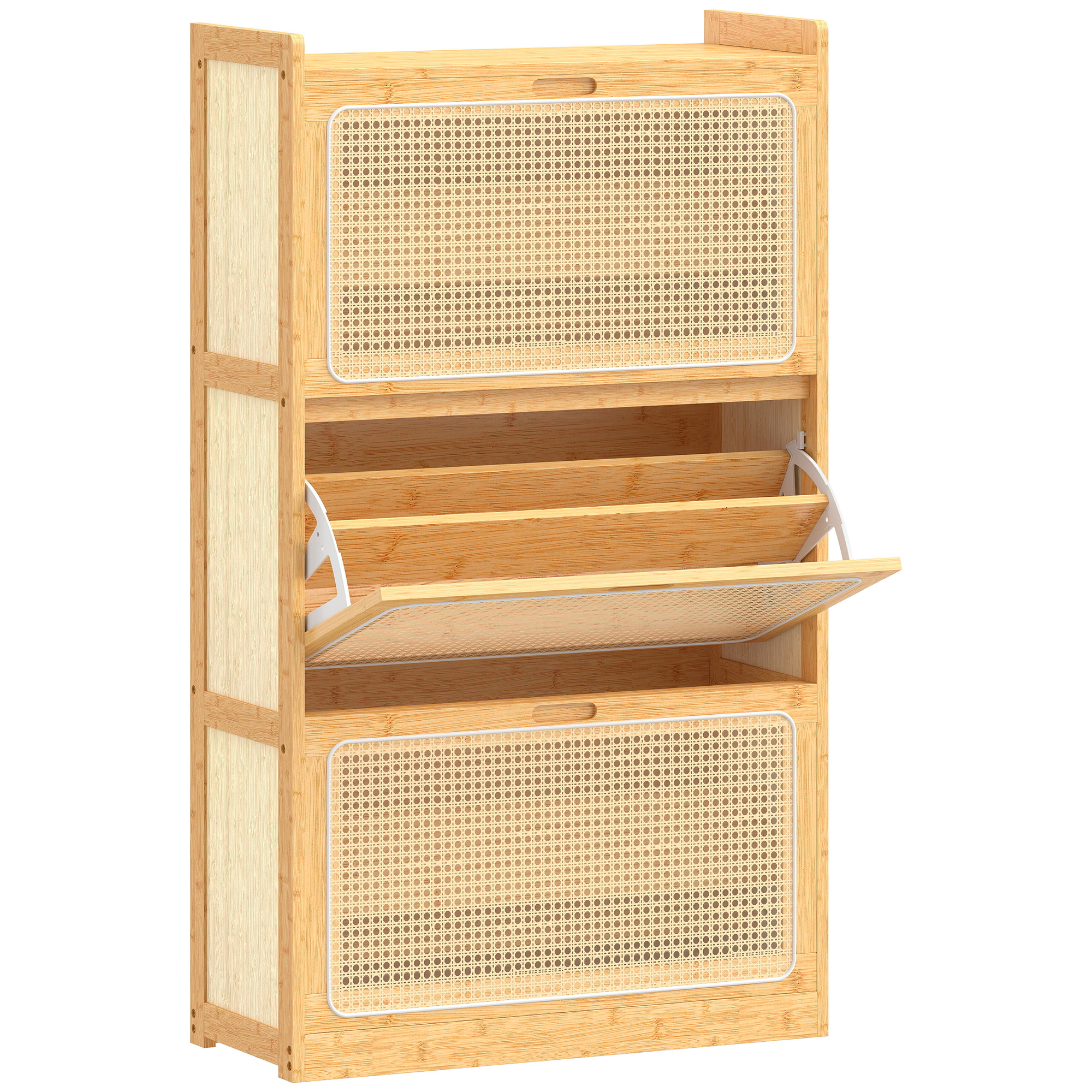 HOMCOM Zapatero Estrecho de Bambú con 3 Cajones Abatibles de Ratán para 18-21 Pares de Zapatos 69x29x119,8 cm Natural | Aosom España