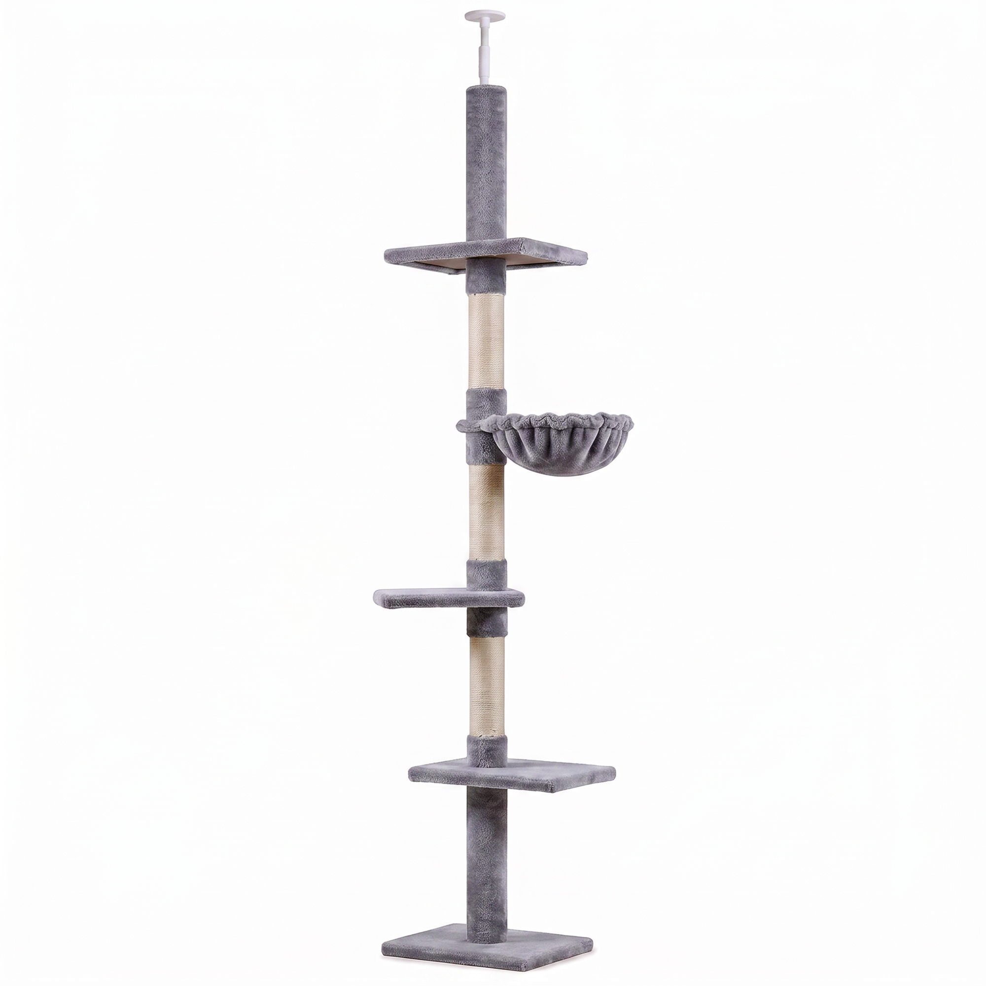 PawHut Albero Tiragraffi a 4 Livelli ad Altezza Regolabile, in Truciolato, Peluche e Sisal, 40x34x230-260 cm, Grigio