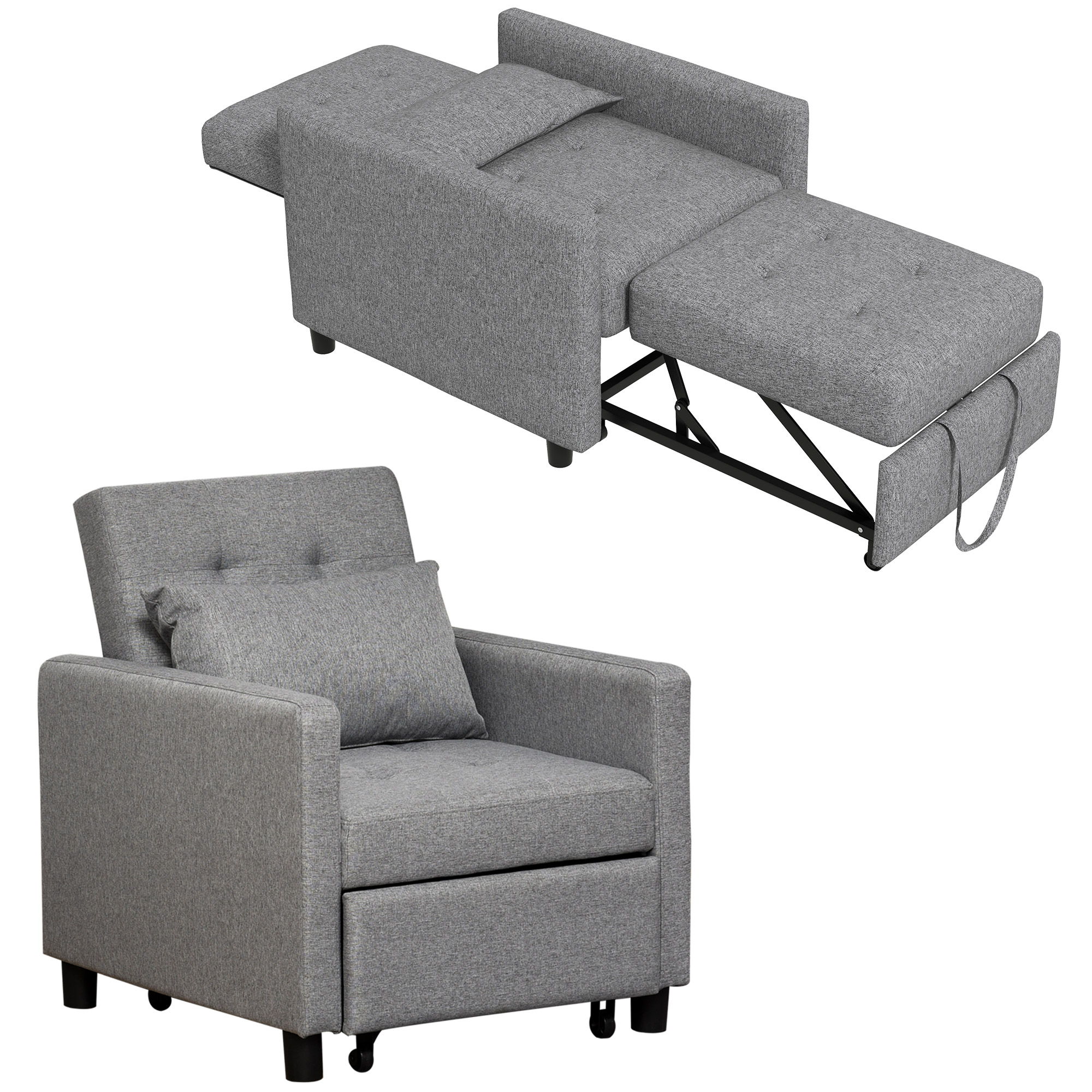 HOMCOM Sofá Cama Individual Gris con Respaldo Reclinable Cojín Desenfundable Asiento Acolchado y 4 Ruedas 69x77x84 cm | Aosom España