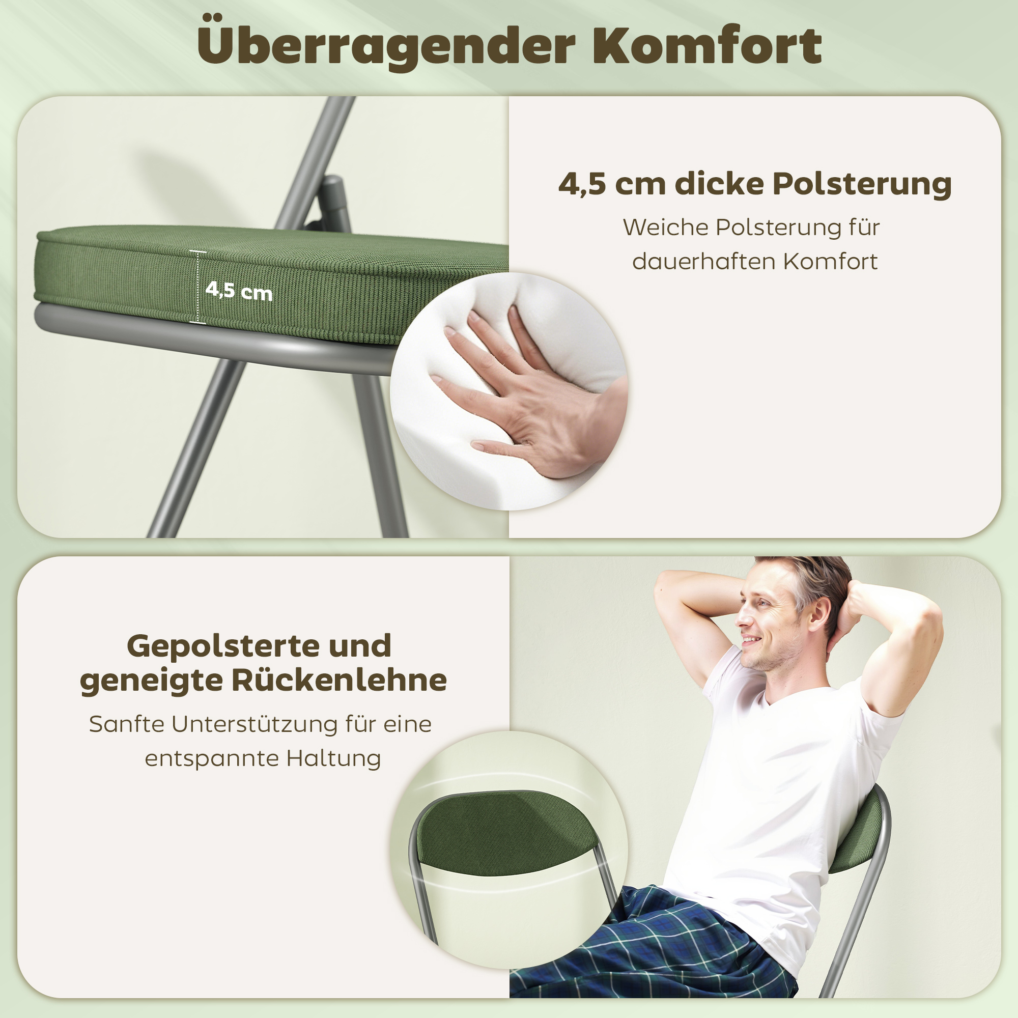 4 polsterdatud kokkupandava tooli komplekt, kokkupandavad toolid velvetist kattega, seljatoega, metallraamiga, roheline