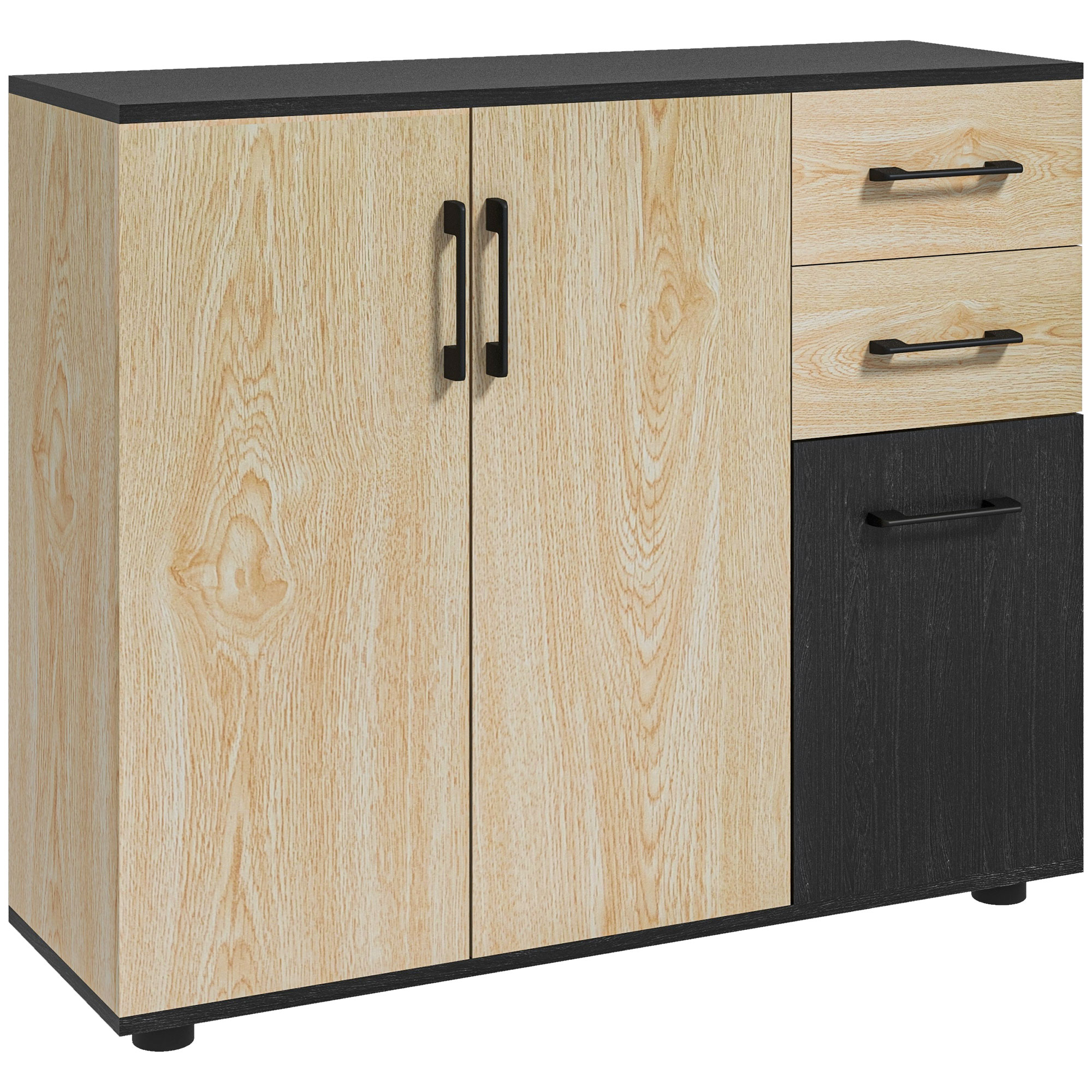 HOMCOM Aparador Estreito para Sala com 2 Portas, 2 Gavetas e Prateleira Ajustável 90x30x75,5 cm Natural e Preto   Aosom Portugal