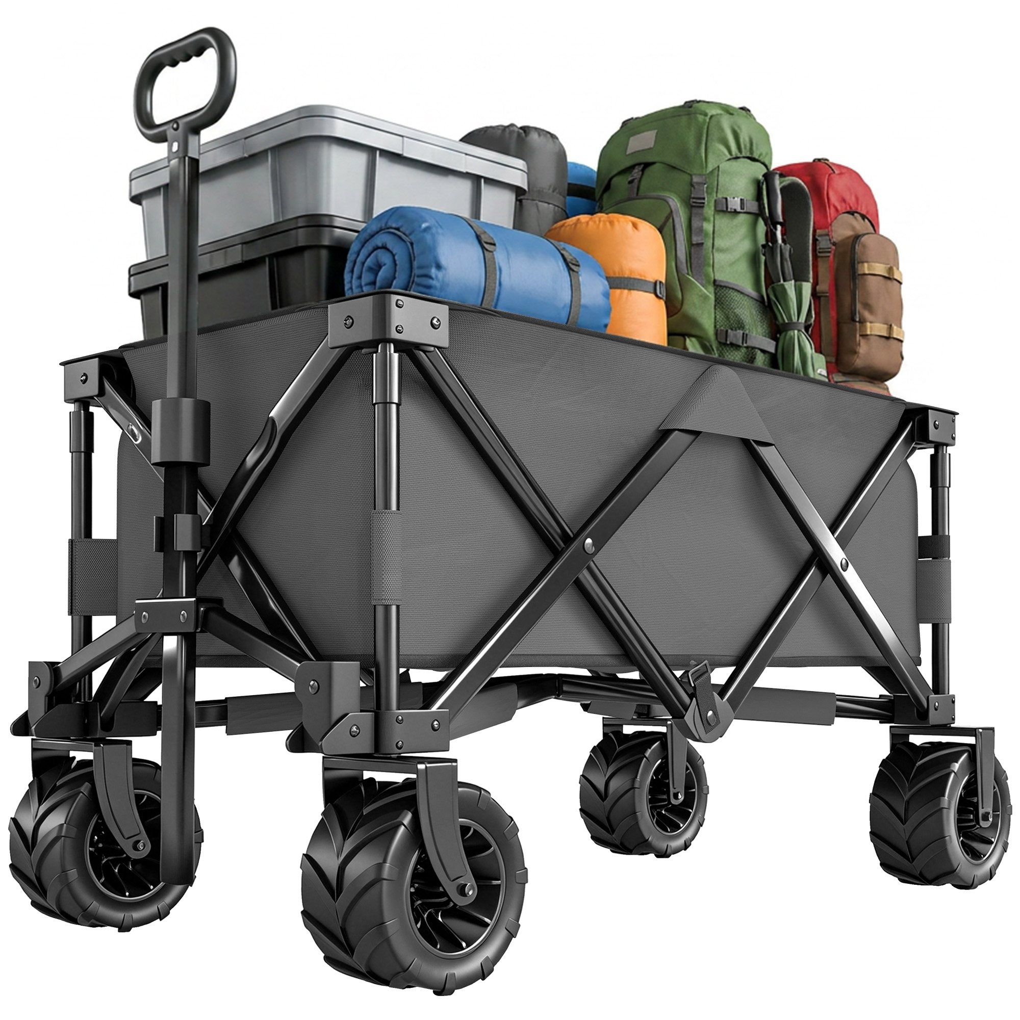 Outsunny Outdoor Pull Along Cart Folding Cargo Wagon Trailer Trolley for Beach Garden with Handle, Anti-Slip Wheel – Dark Grey