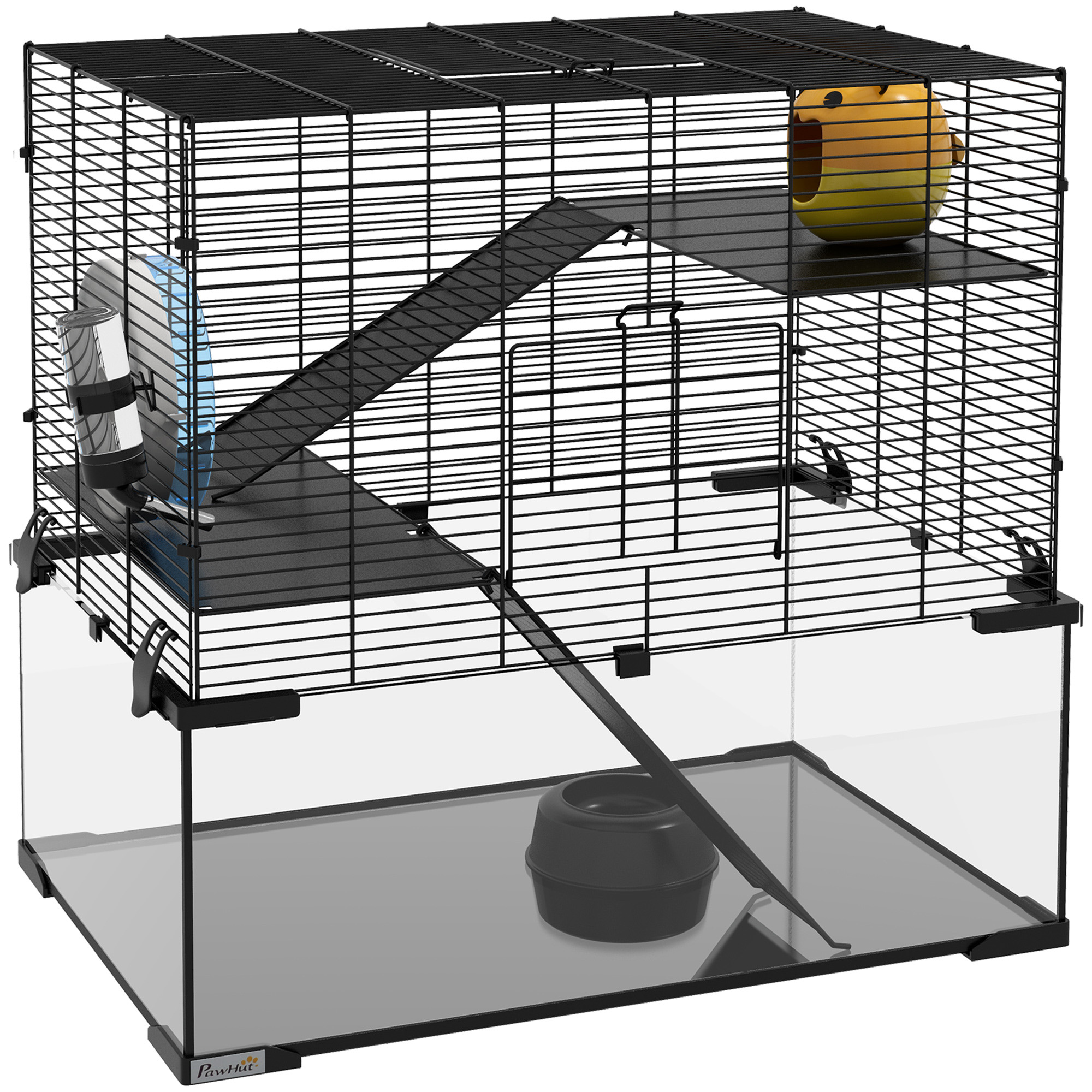 PawHut Jaula de Hámster con Fondo de Vidrio Plataformas Cuenco Bebedero Casita Rampas y Rueda de Ejercicio 60x40x54,5 cm Negro