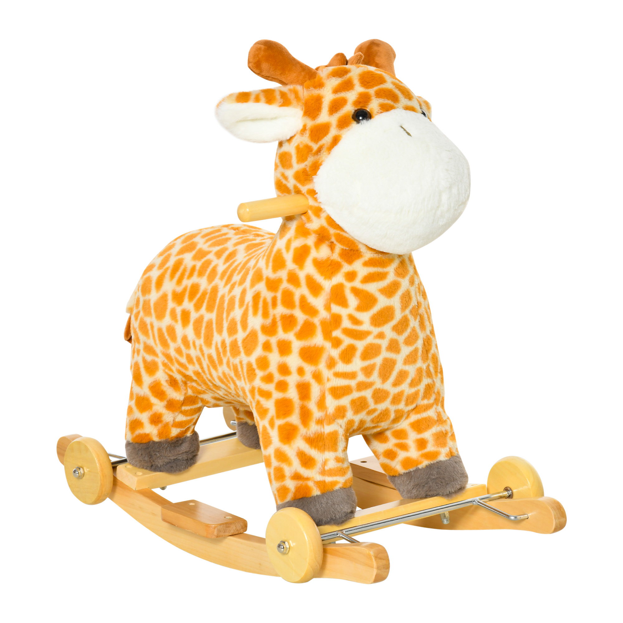 HOMCOM 2-IN-1 Schommelpaard Met Wielen Geluidsmodule Pluche Giraf Speelgoed Voor Kinderen 3-6 Jaar Veilig Metaal Frame Geel 63x38x63cm | Aosom.nl