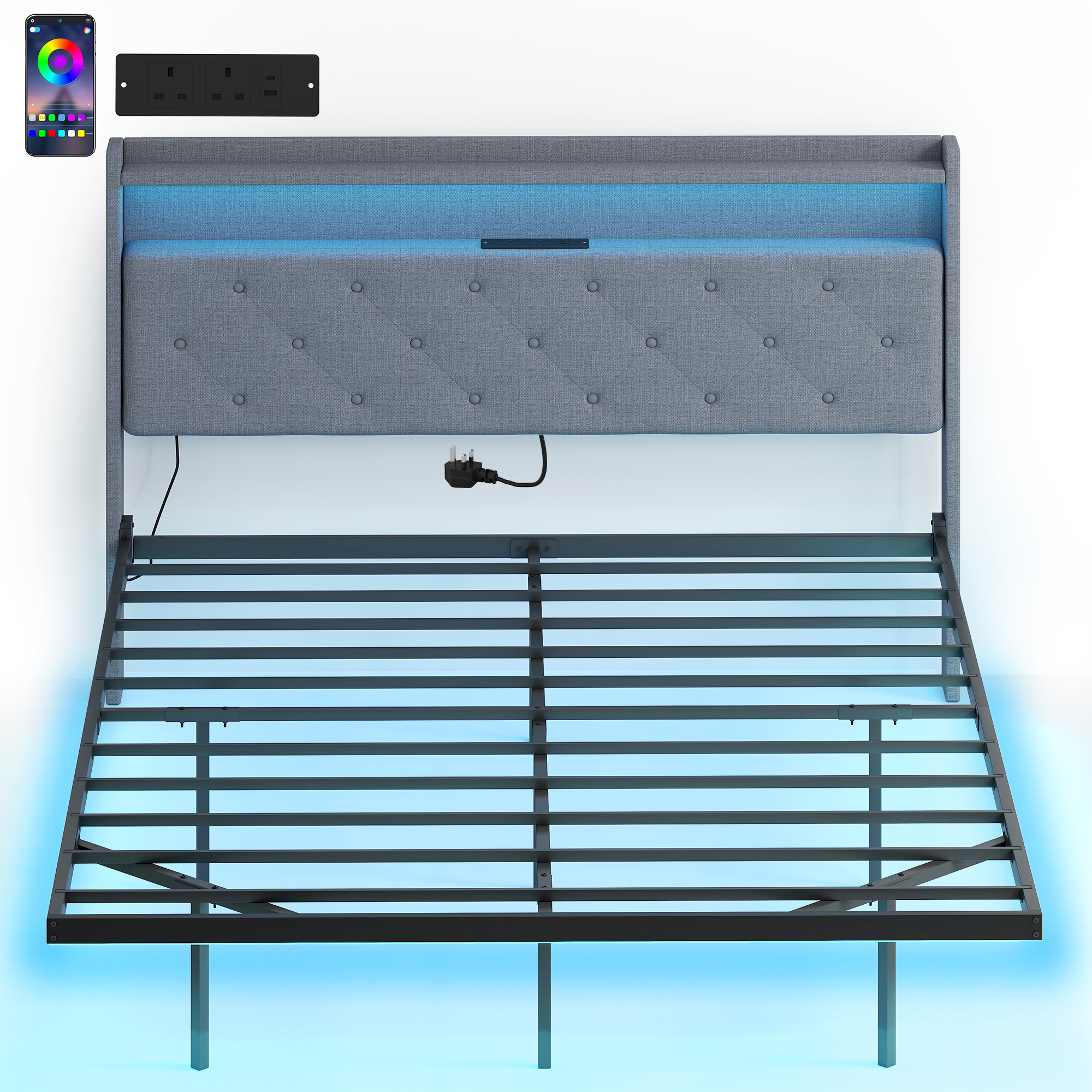 HOMCOM Floating Bed Frame, Upholstered 5ft King Size Bed, Platform Bed with RGB LED Lights and Charging Station, Grey