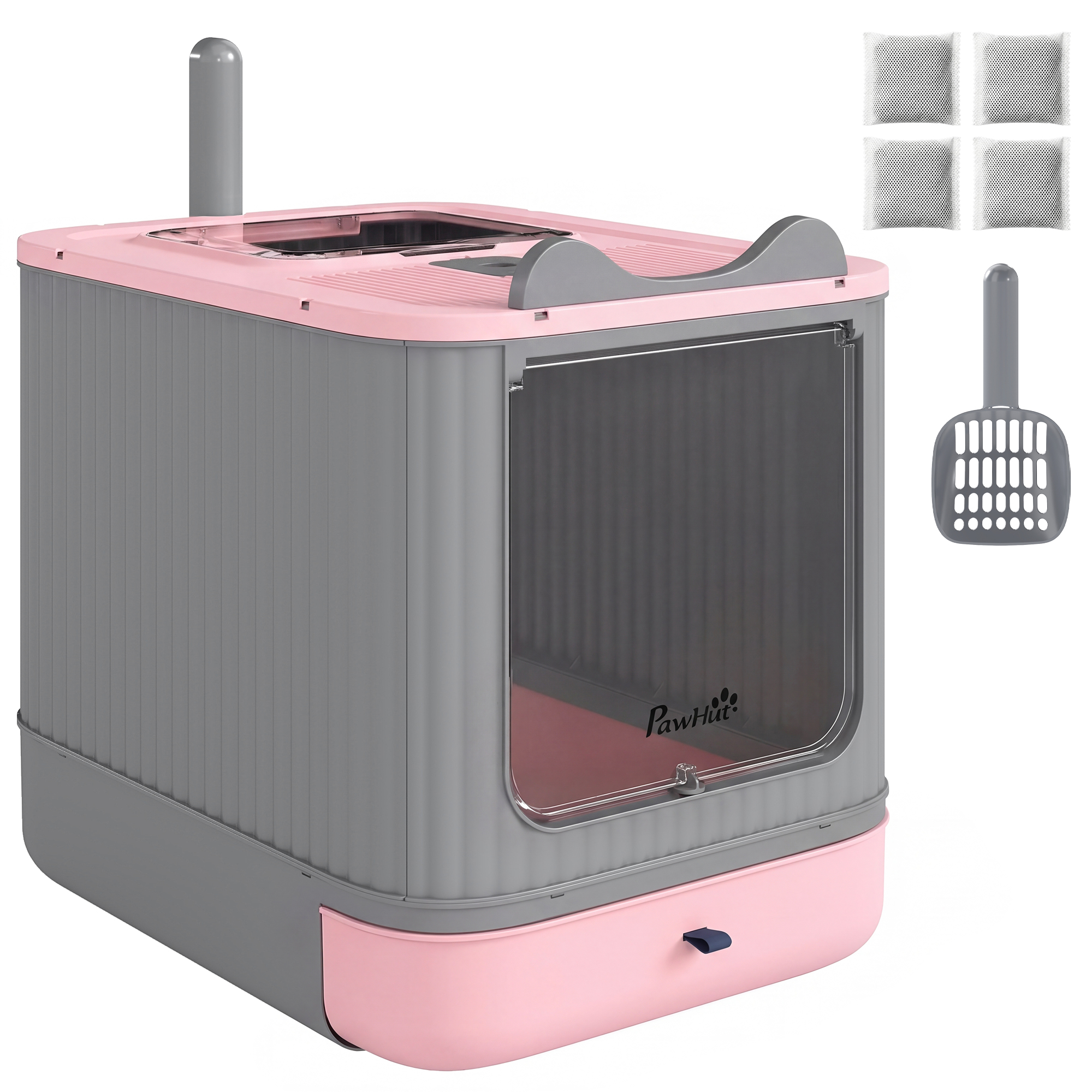 PawHut Arenero para Gatos Cubierto M con Tapa Abatible Salida Superior Pala Bolsas Desodorantes Fácil de Limpiar Rosa | Aosom España