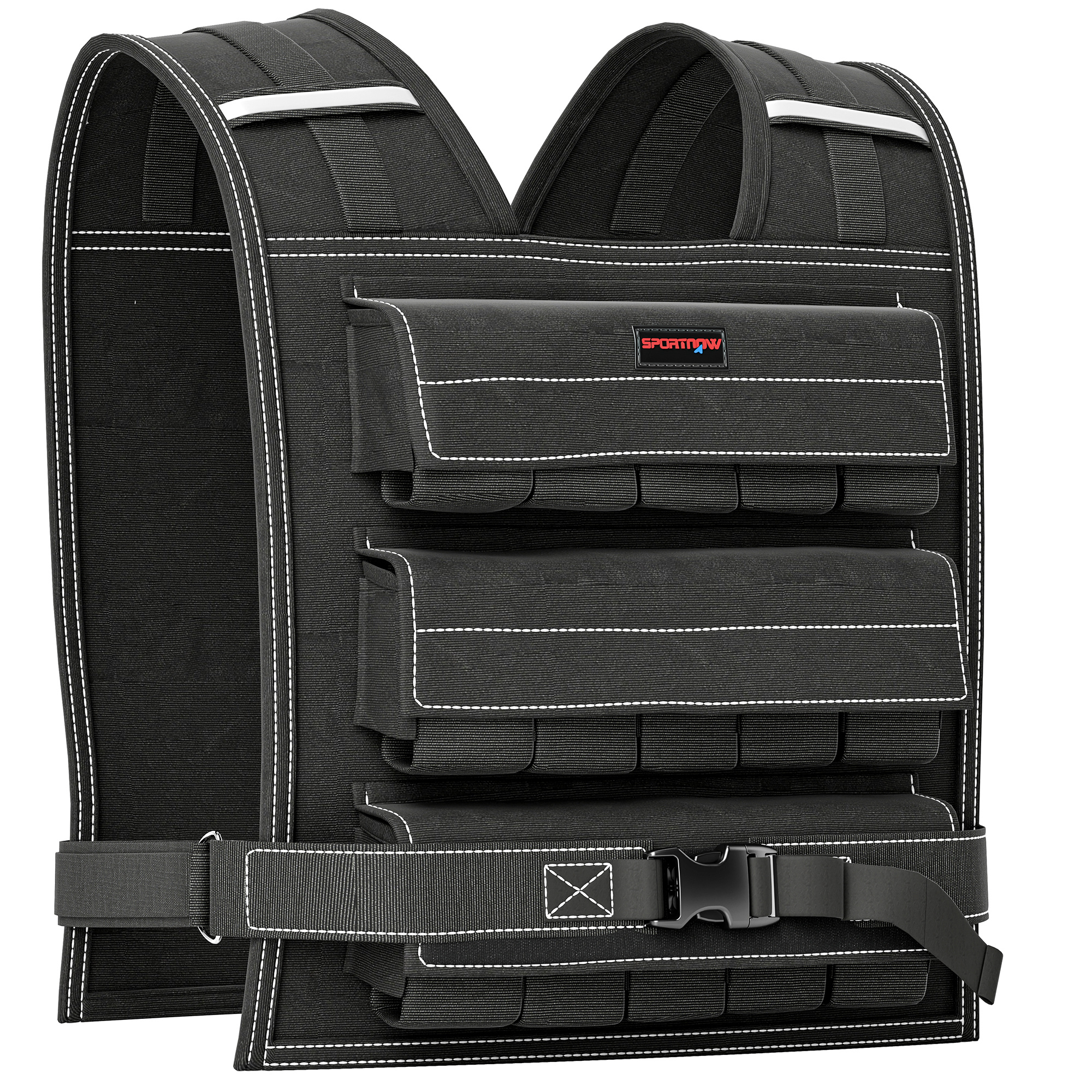 Sportnow Black 15Kg Adjustable Weighted Vest, Running Weight Vest, With 30 Metal Weights, Reflective Strips, For Running, Exercise