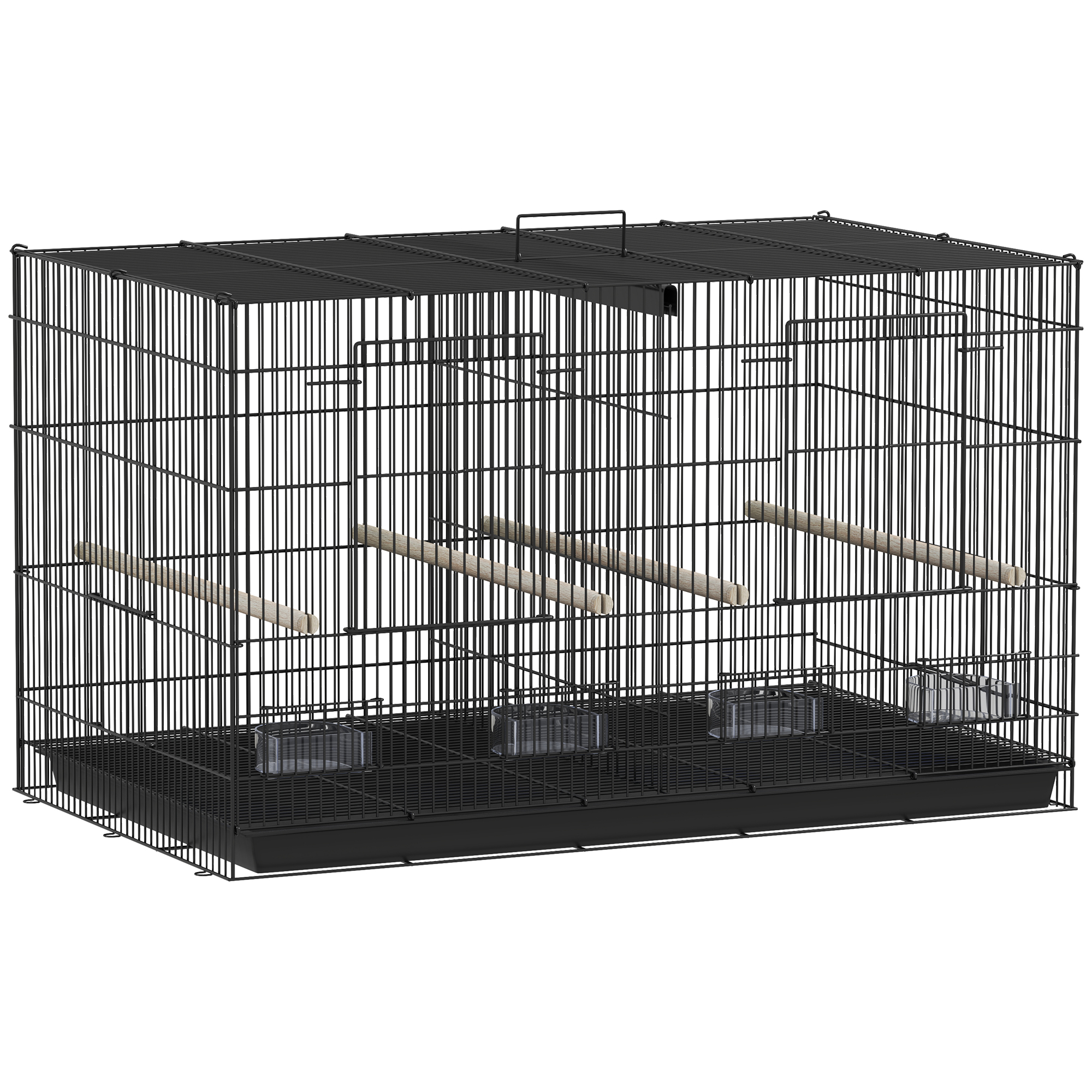 Pawhut Black Bird Cage With Divider, 4 Wooden Perches, Slide Out Tray, 4 Feeders, For Budgie, Lovebird, Canary, 76 X 46 X 46Cm,