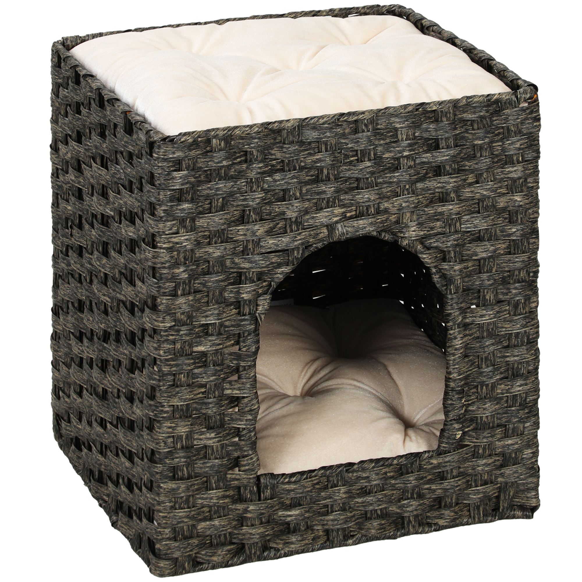 Pawhut Grey 2-Tier Wicker Cat House, Handwoven Rattan Cat Bed With Washable Cushions, Indoor Kitten Condo Hideaway