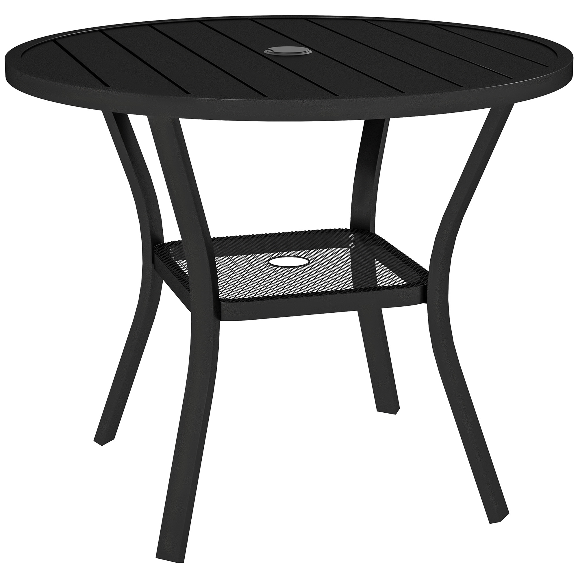 Outsunny 90 cm Garden Dining Table with 4-5 cm Parasol Hole, Round Outdoor Dining Table, Steel Garden Table with Slatted Metal Top and Wire Shelf for Balcony, Porch, Black Outsunny 90 cm Garden Dining Table with 4-5 cm Parasol Hole, Round Outdoor Dining Table, Steel Garden Table with Slatted Metal Top and Wire Shelf for Balcony, Porch, Black